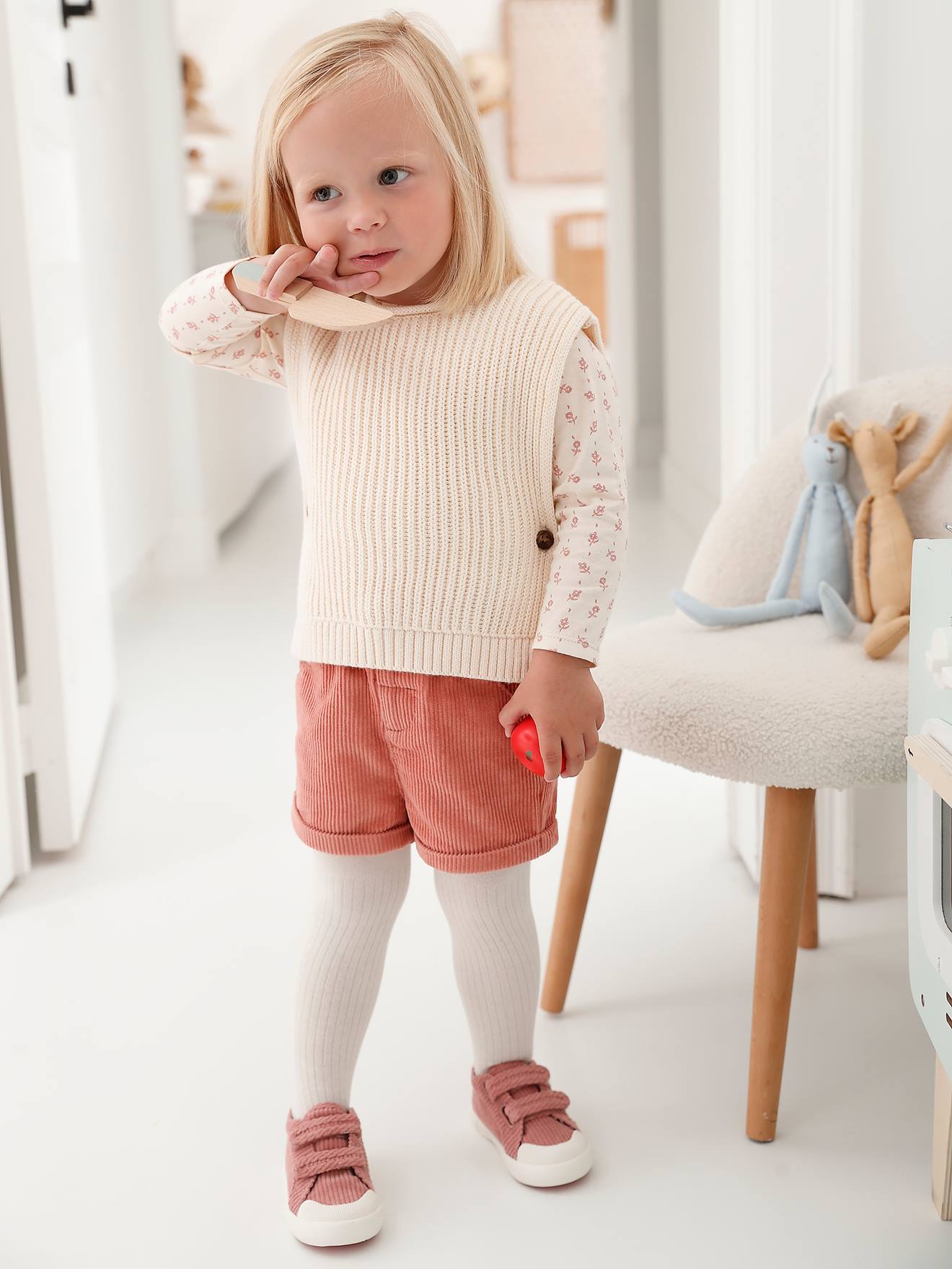 Ensemble 4 pièces bébé : T-shirt + short + pull + collant vieux rose