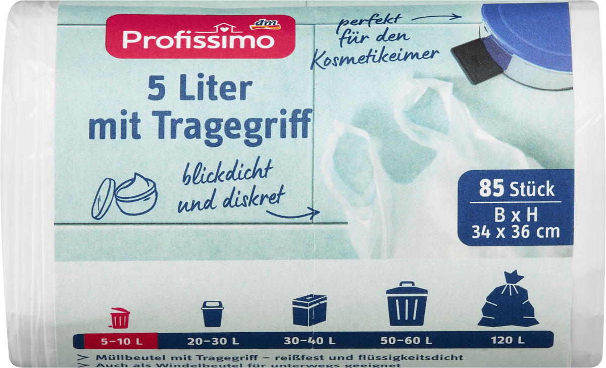 Müllbeutel 5 l mit Tragegriff für Kosmetikeimer, 85 St