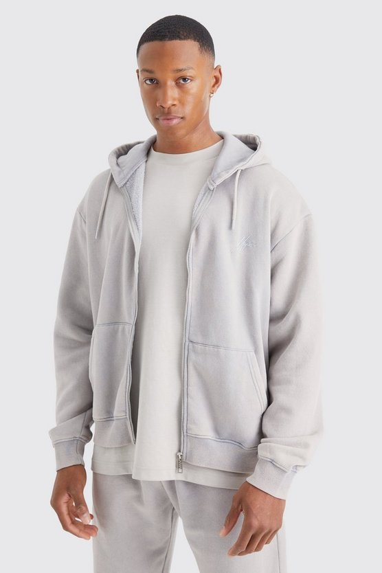 Kastiger Oversize Man Trainingsanzug mit Reißverschluss und Kapuze und Acid-Waschung