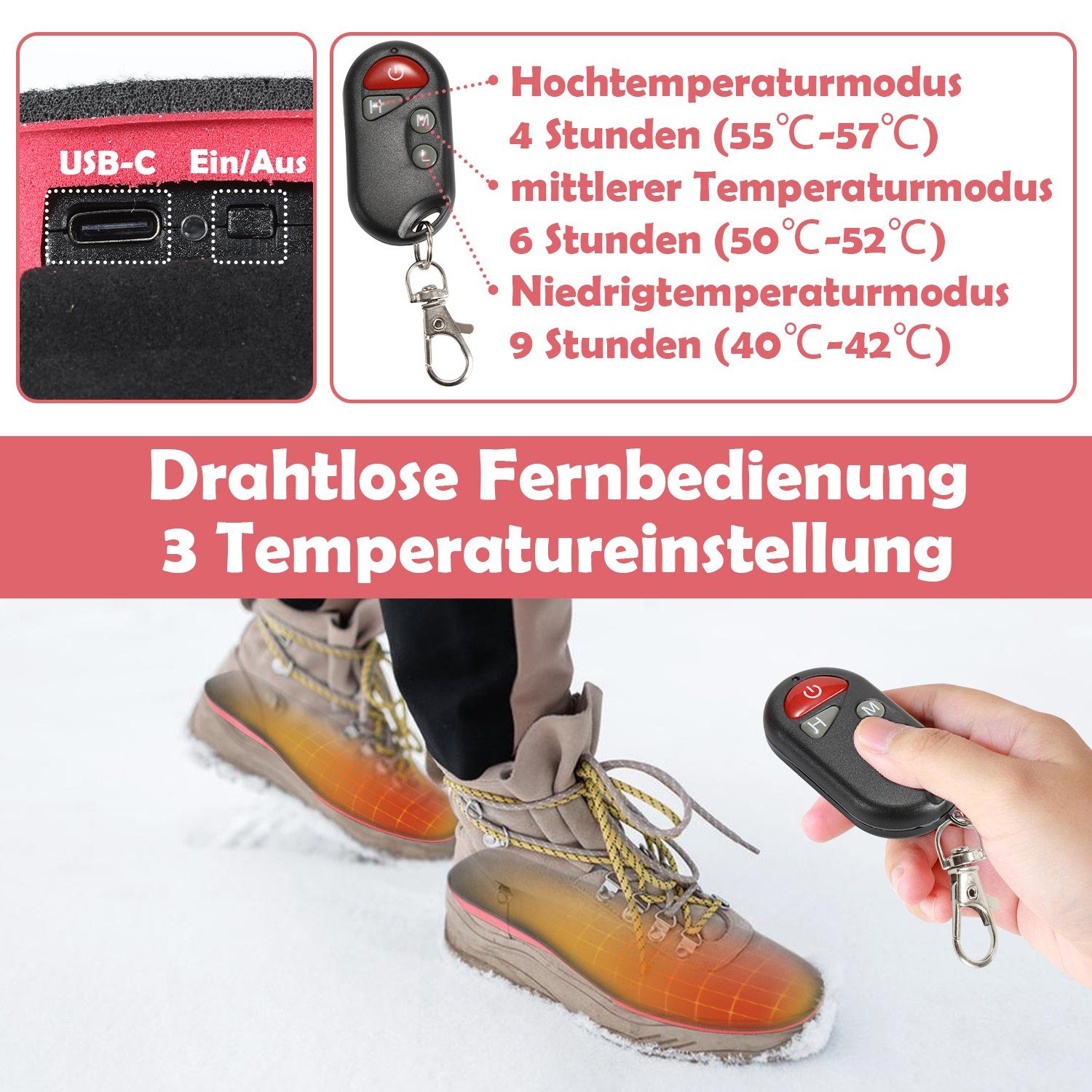 Gimisgu Thermosohlen Beheizte Einlegesohlen, 41-46, Sohlenwärmer, USB Wiederaufladbar (Set, 5-tlg., 1 Paar), Fernbedienung, 3-stufige Temperaturregelung, mit usb-Ladekabel