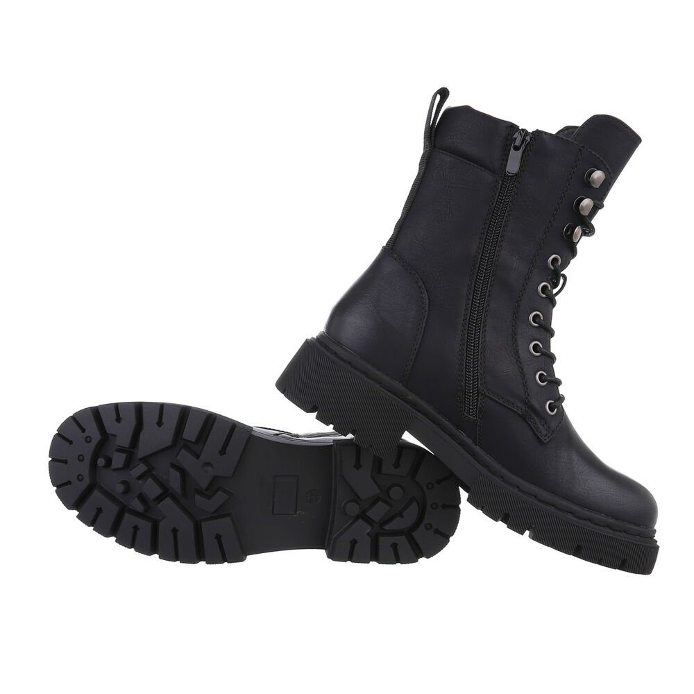 Ital-Design Damen Schnürschuhe Freizeit Schnürstiefelette Blockabsatz Plateaustiefeletten in Schwarz