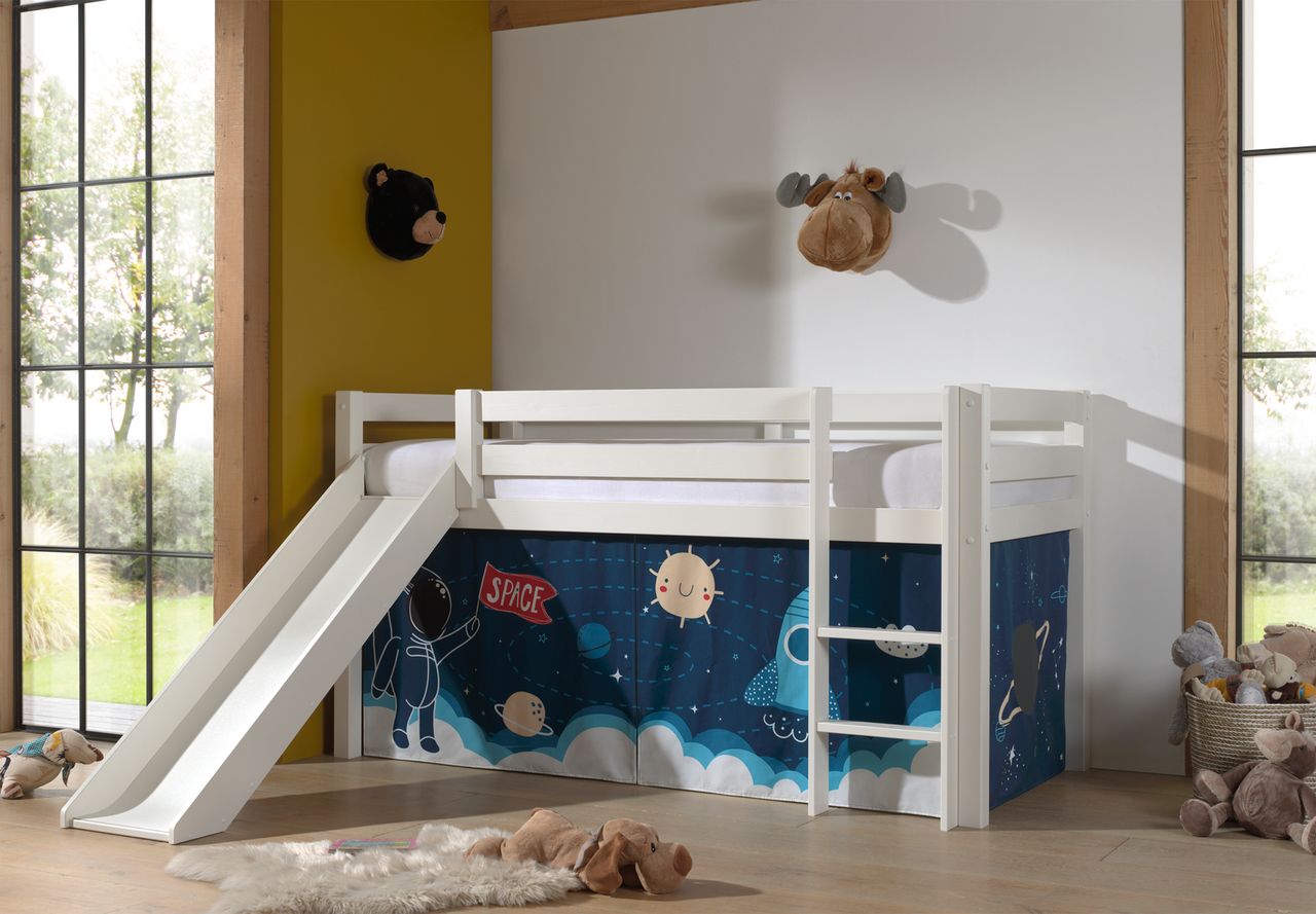 VIPACK Halbhohes Bett PINO, mit Rutsche und Textilset 
