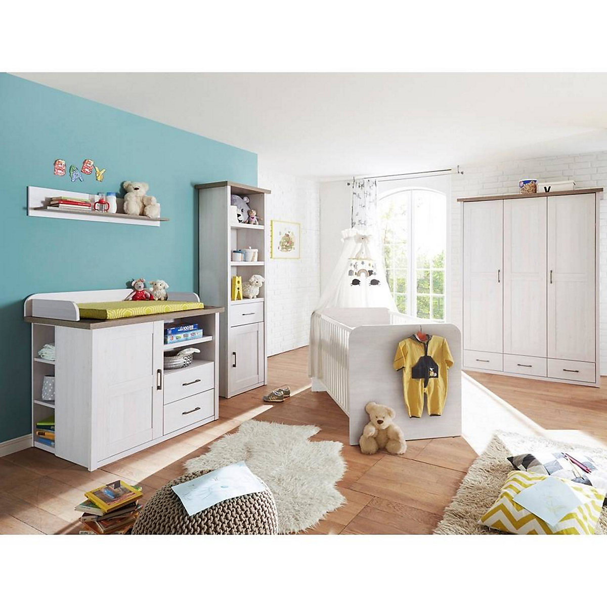 Babyzimmer Set LUND-78 in Pinie weiß Nb./Trüffel Eiche Nb., Landhaus Design