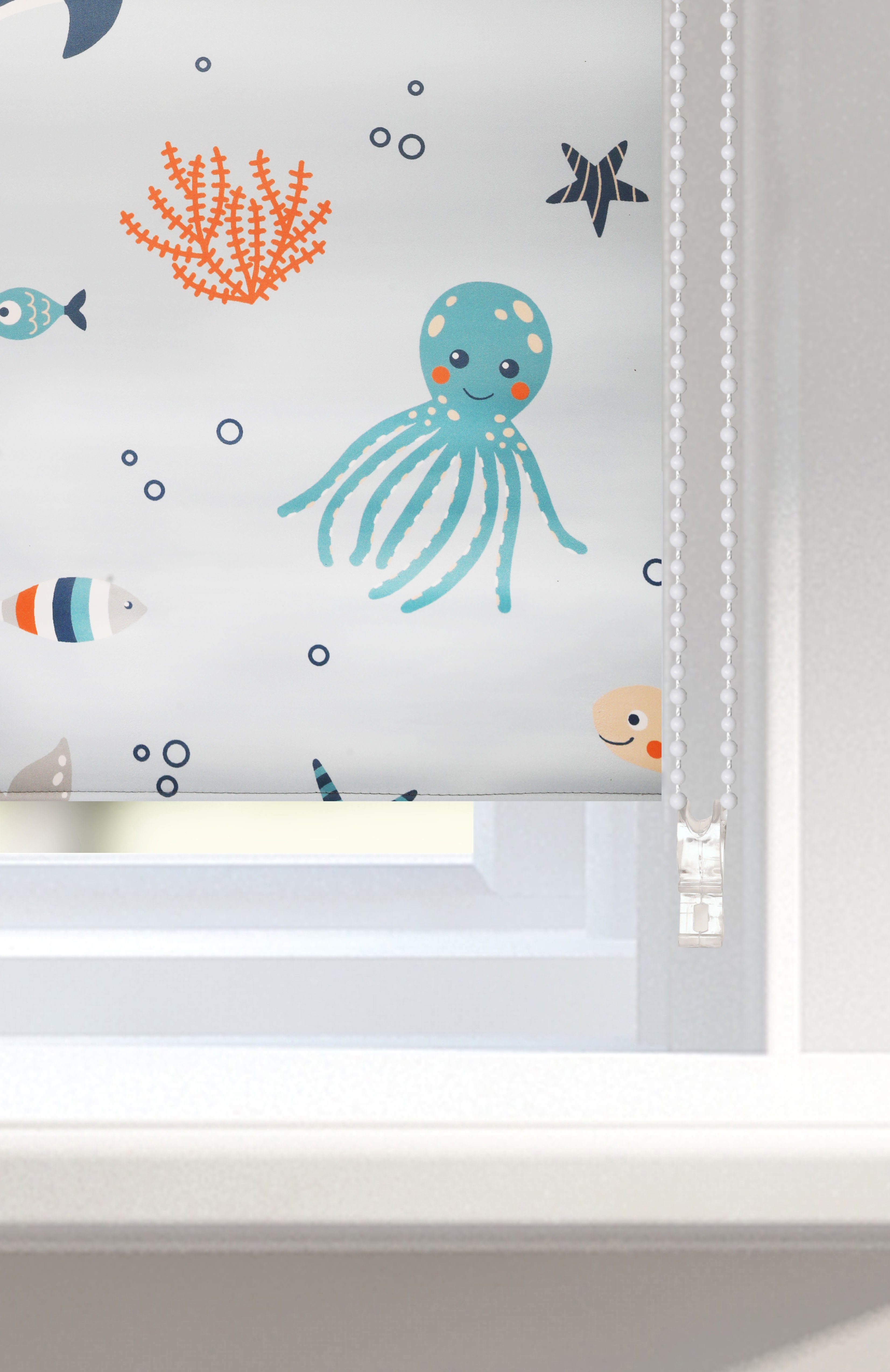 Rollo Ocean, Lüttenhütt, verdunkelnd, ohne Bohren, freihängend, Klemmfix, Fixmaß, Klemmfix, Meer, Tiere, Kinderrollo