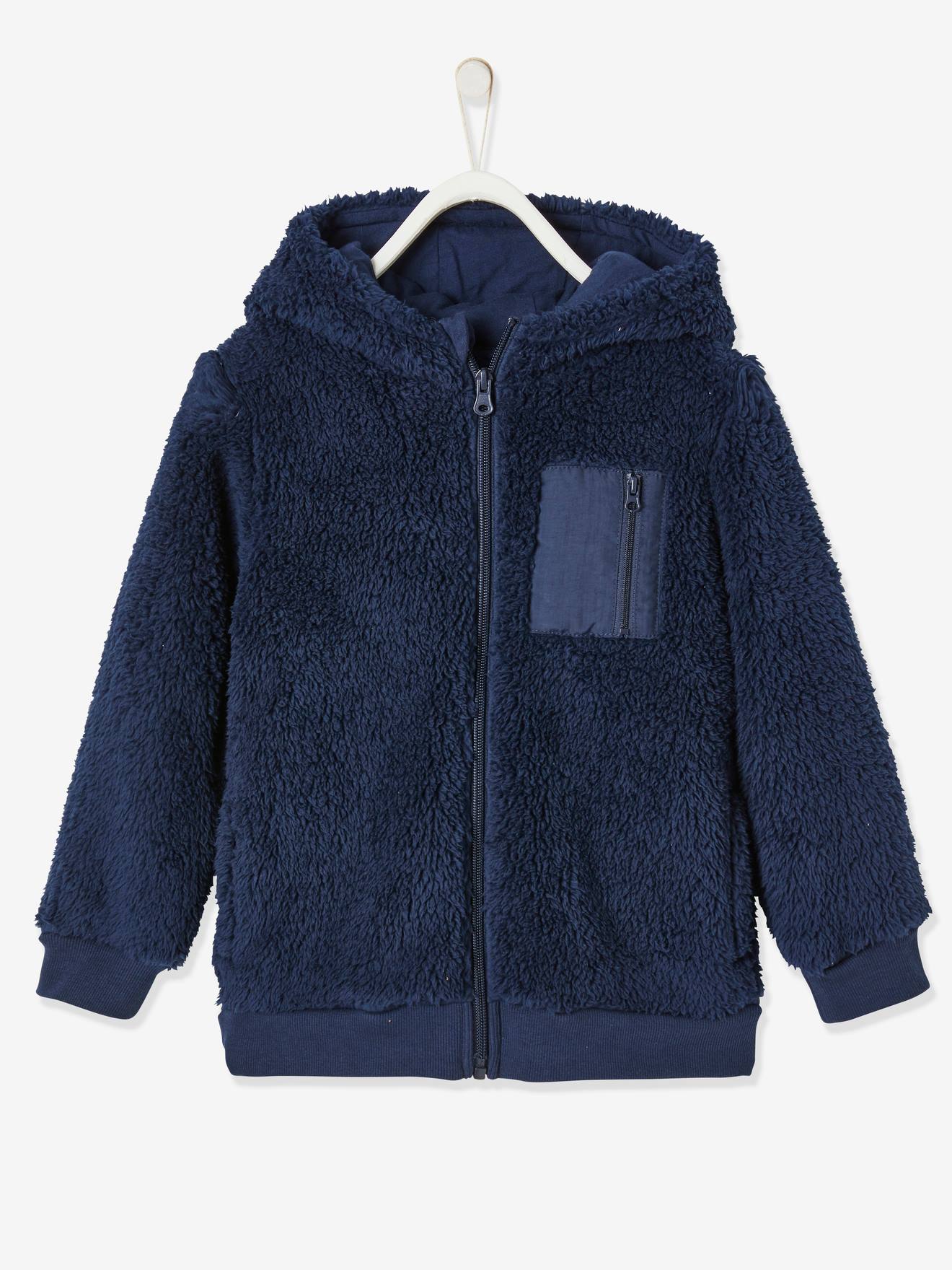 Vertbaudet Jungen Kapuzensweatjacke aus Fell-Imitat Oeko-Tex - blau
