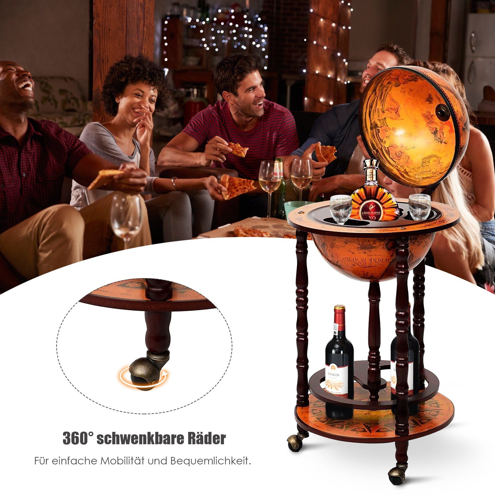 COSTWAY Weinregal stehend, Flaschenregal, Globusbar, mit Rollen & Deckel