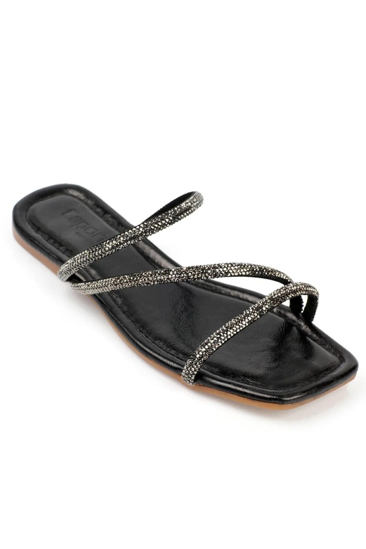 Capone Outfitters  Capone Stoned 3-Striped Flat Heel Quilted Black Damenhausschuhe