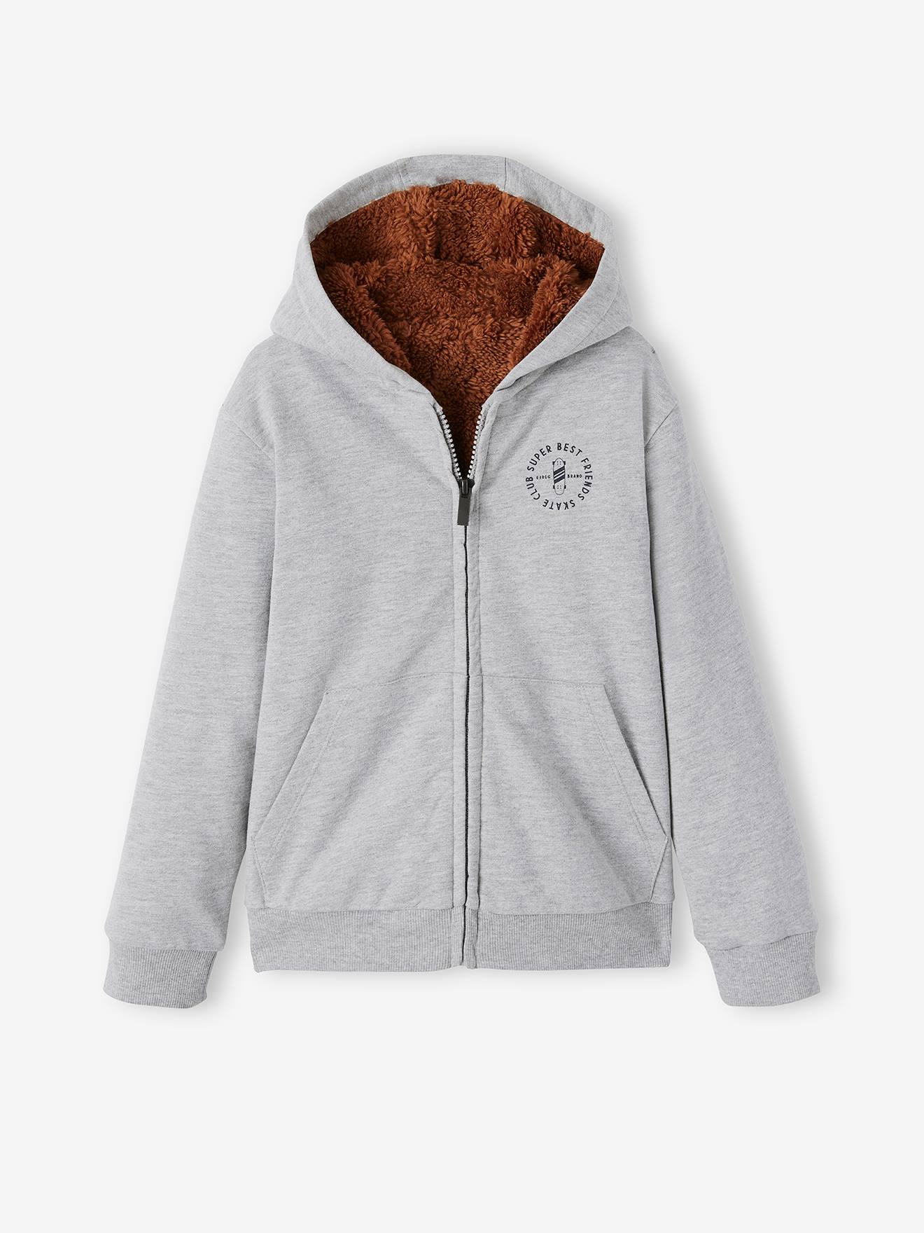 Vertbaudet Jungen Kapuzensweatjacke, Teddyfleece-Futter - grau meliert