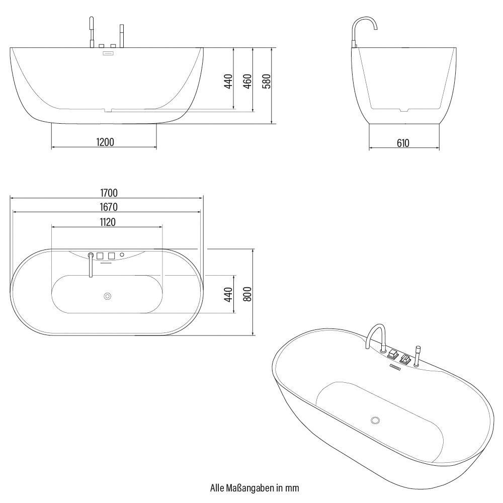 Home Deluxe Badewanne LENI mit schwarzer Armatur