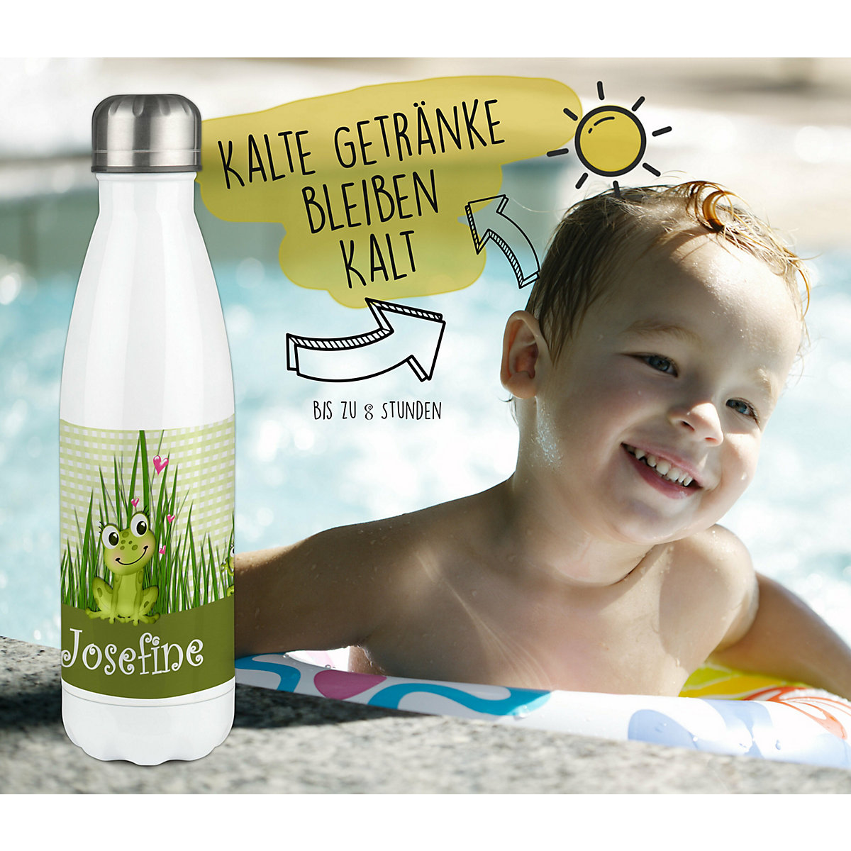 Edelstahl Kinder Thermoflasche / Trinkflasche bunt Frosch-Graß-Karo Spülmaschinenfest, Auslaufsicher, Bruchfest, Doppelwandig, Für Heißgetränke geeignet, Mit Deckel, Isoliert