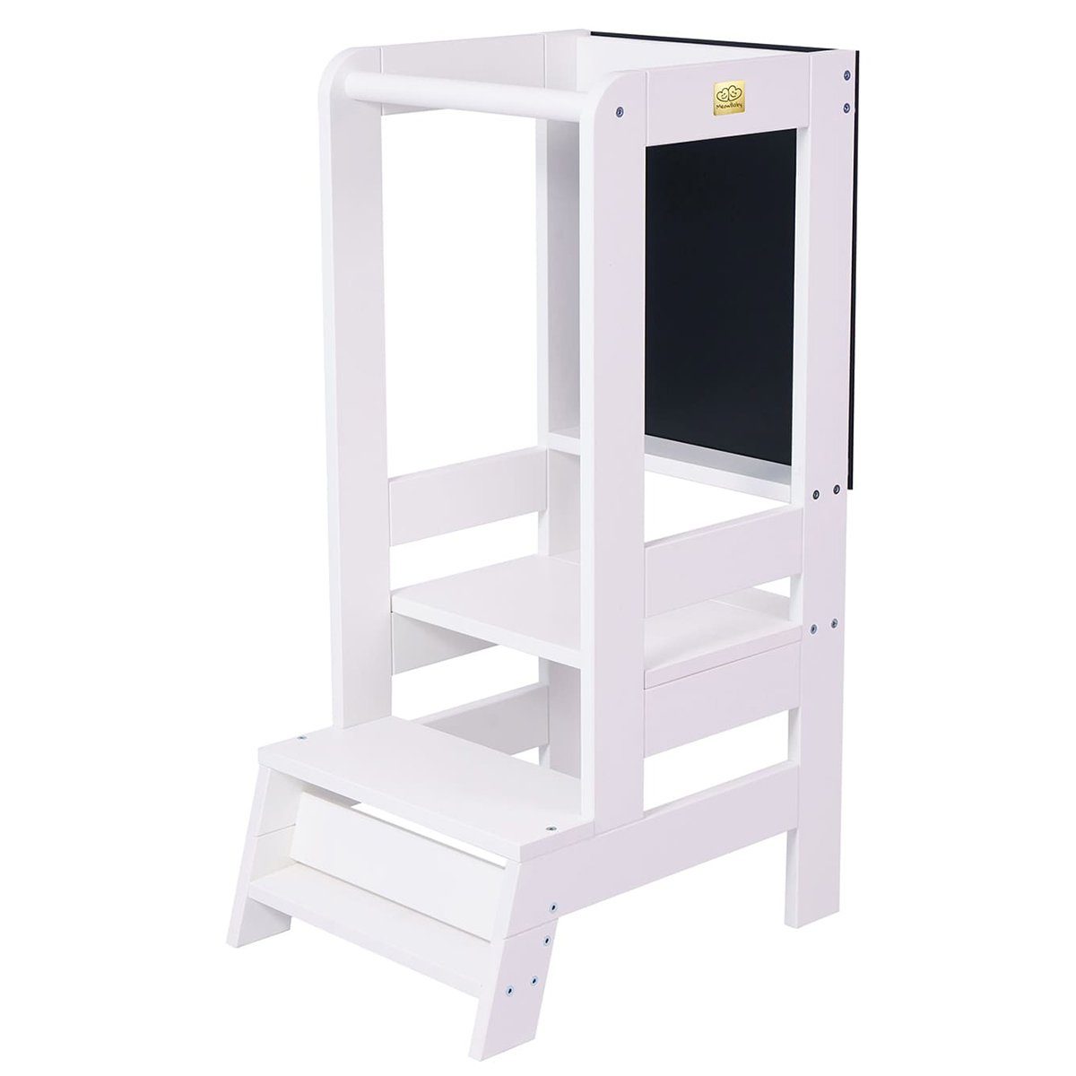 MeowBaby Stehhilfe Lernturm für Kinder Montessori Lernstuhl mit Kreidetafel Weiß (1 St), Kinderhocker, Höhenverstellbar, Abgerundete Ecken & Kanten