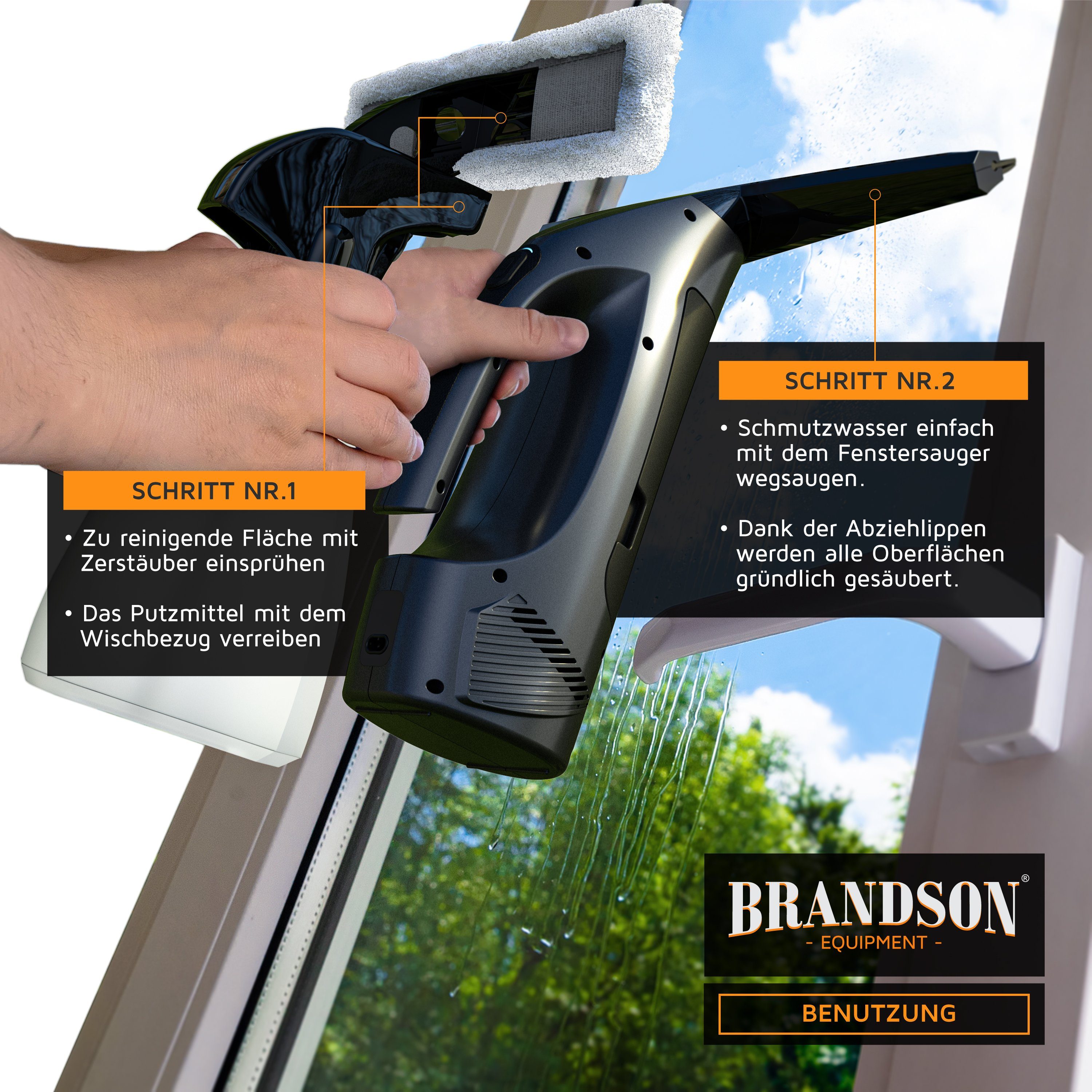 Brandson Wasch-Sauger, Akku Fenstersauger, Fensterreiniger. 2200 mAh Akku, 150 ml Wassertank