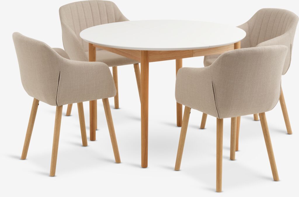 MARSTRAND ADSLEV MARSTRAND Ø110/L200 bord hvit 4 ADSLEV stol beige