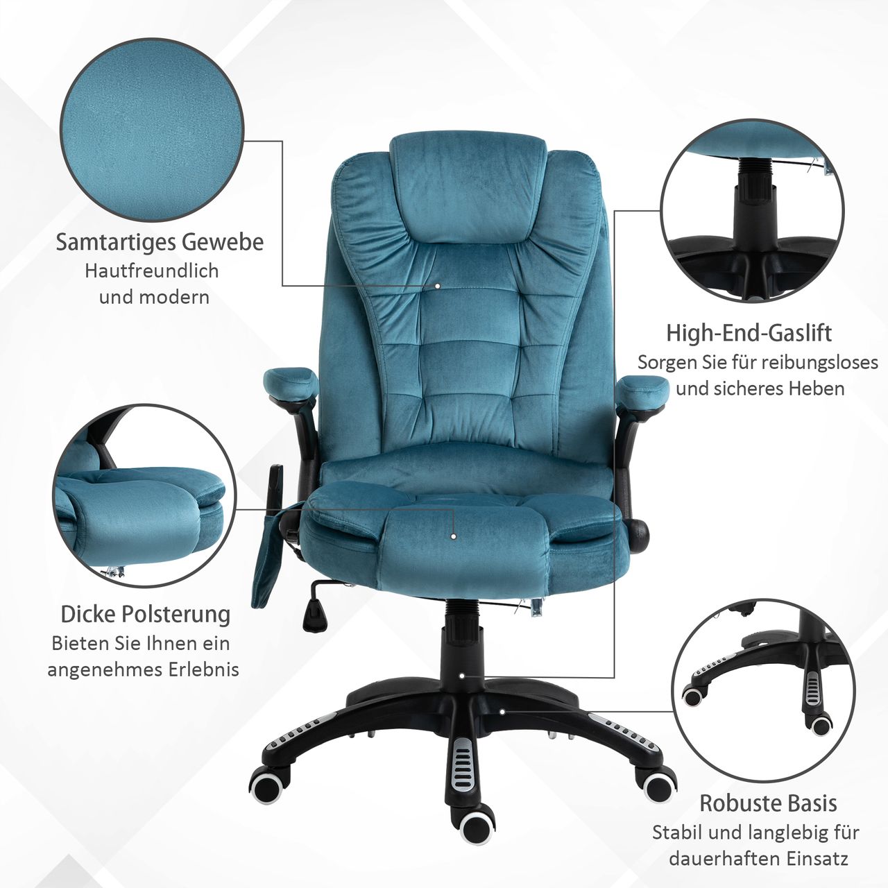 HOMCOM Vinsetto Massagesessel Chefsessel mit Massagefunktion höhenverstellbarer Drehstuhl ergonomischer Gamingstuhl Bürostuhl massage Blau 68 x 72 x 110-120 cm