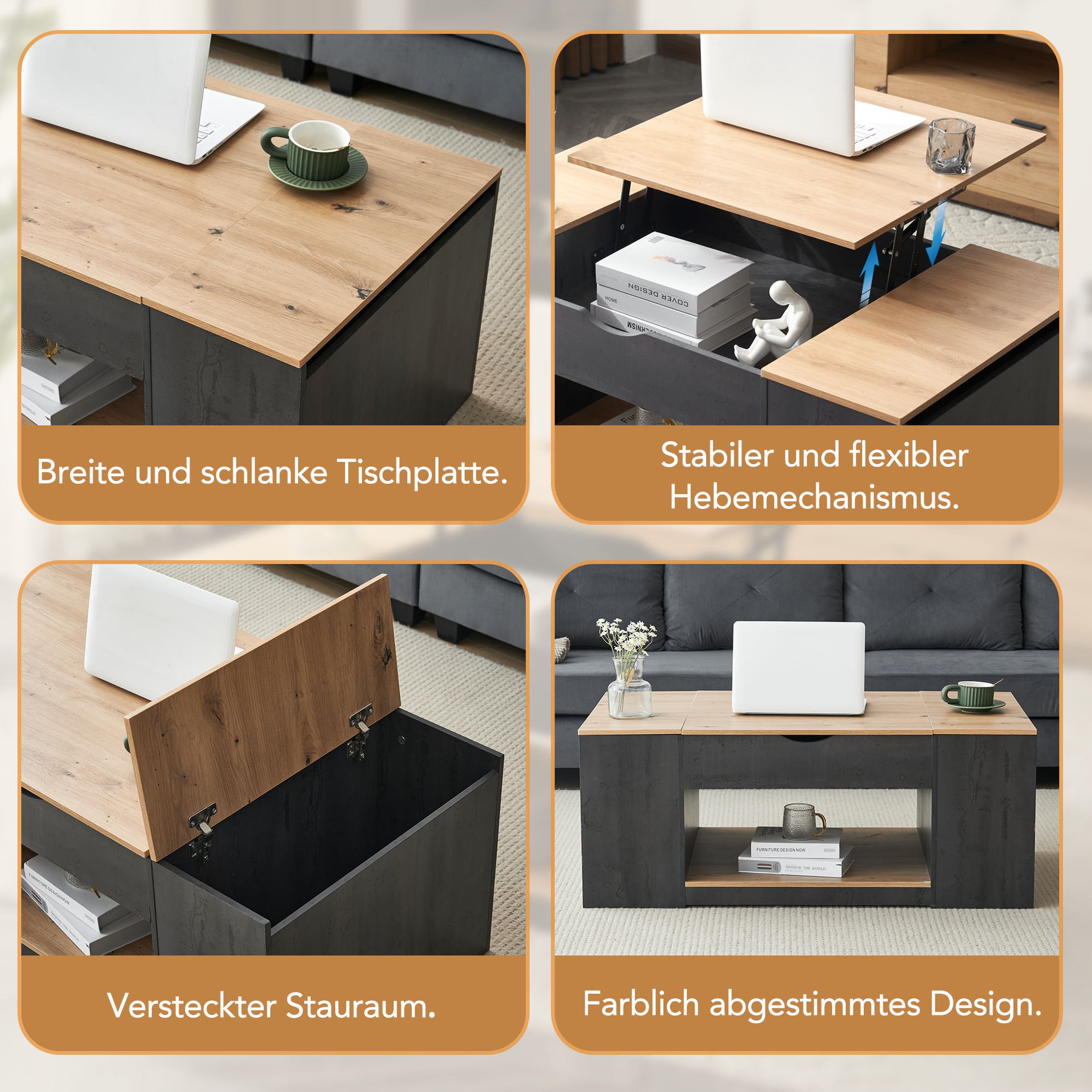 BlingBin Couchtisch Wohnzimmertisch (1-St., mit Liftfunktion, Stauraum unter der Tischplatte), Hubauszugstischplatte, 3 versteckte Fächer, ein offener Stauraum