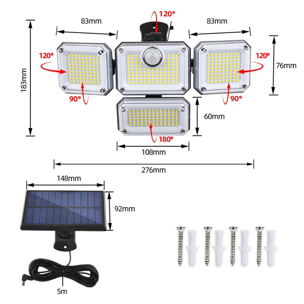 Rosnek LED Gartenleuchte Solar, 4 Köpfe, Bewegungssensor, für Außen Garage Innenhof Hof, Kaltweiß, wasserdicht, Fernbedienung, mit 5M Kabel