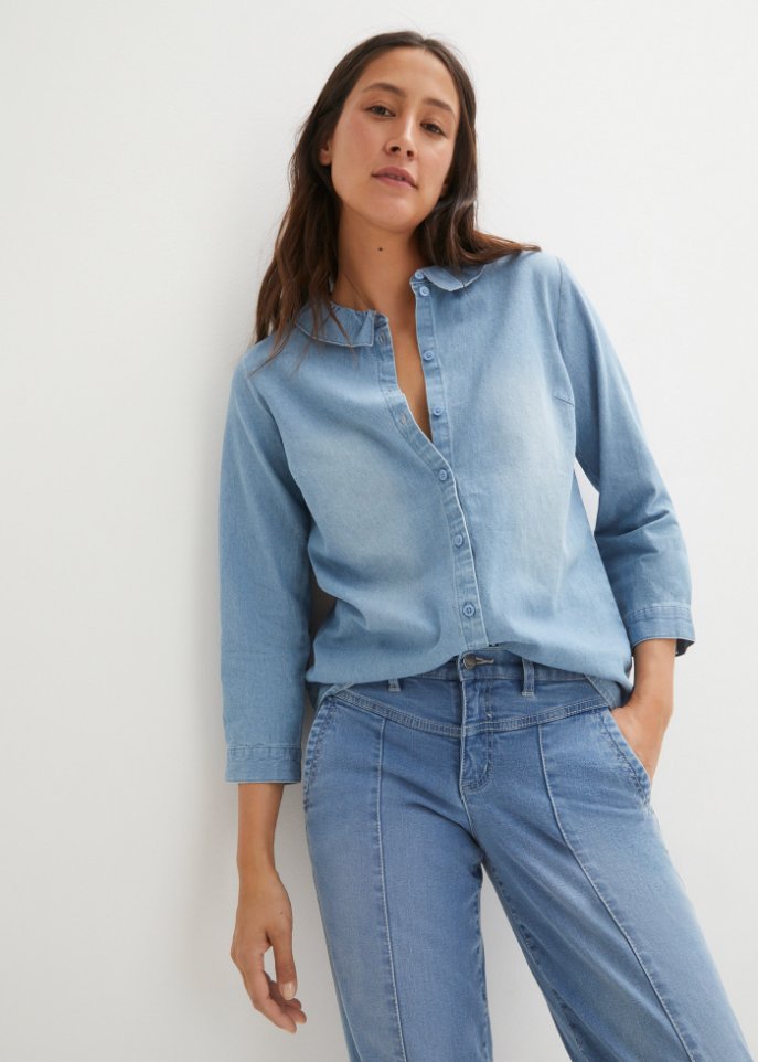 Lockere Jeansbluse mit Kragen, 7/8-Arm