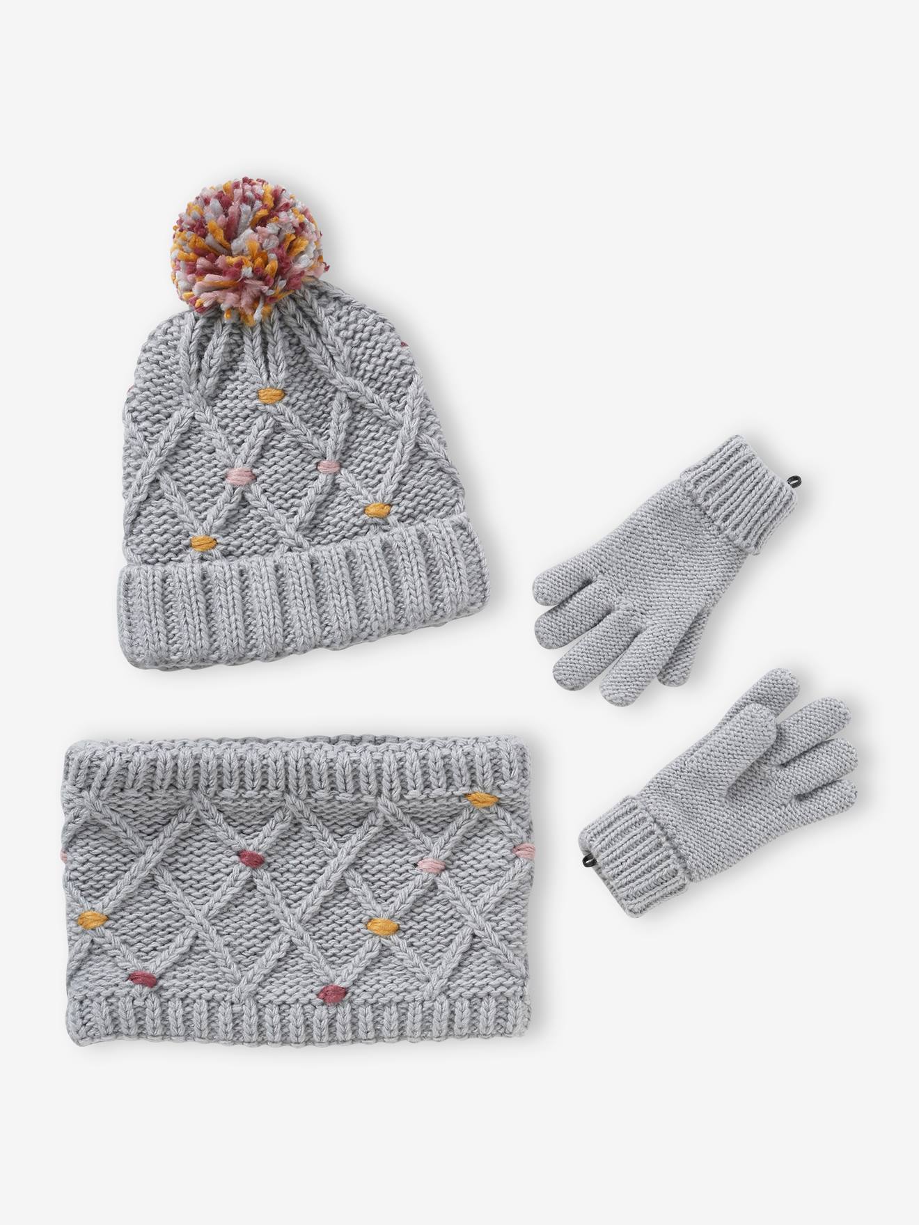 Ensemble bonnet + snood + gants ou moufles pompons fille gris chiné