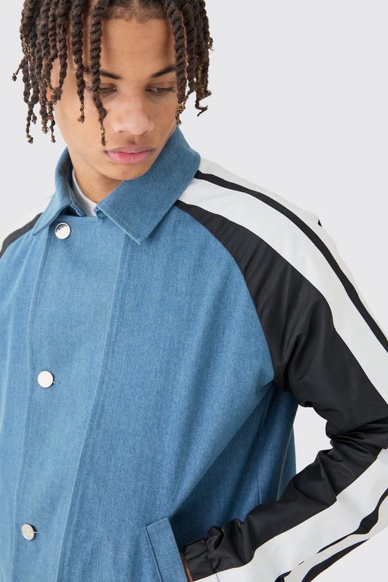 Kastige Jacke aus Denim und Nylon mit Streifen-Detail