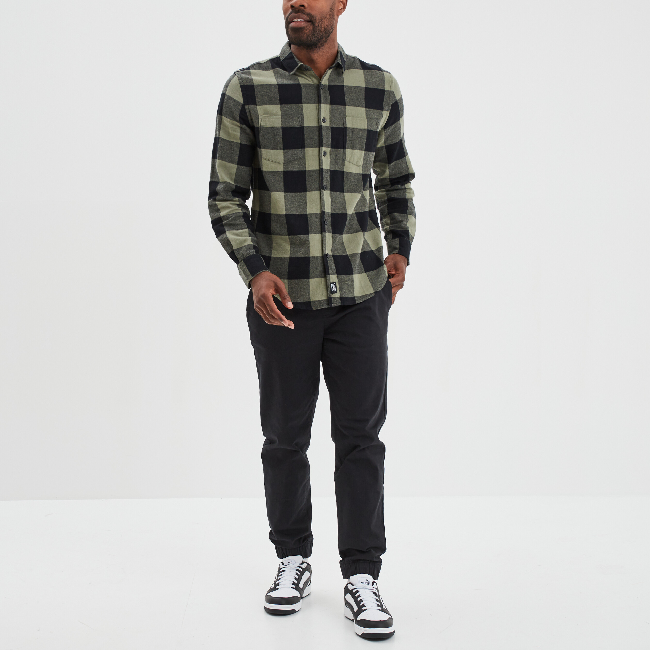 Chemise droite manches longues vert kaki homme | La Halle