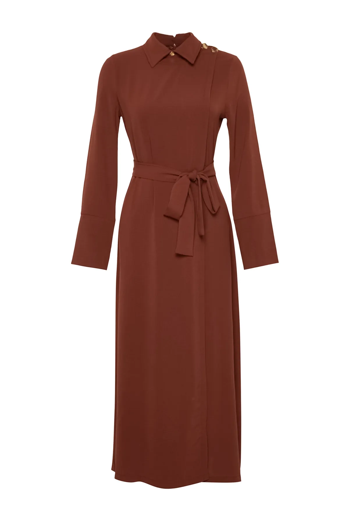 Trendyol Modest  Dunkelbraunes Aerobin-Maxi-Webkleid mit Gürtel TCTAW24EB00070
