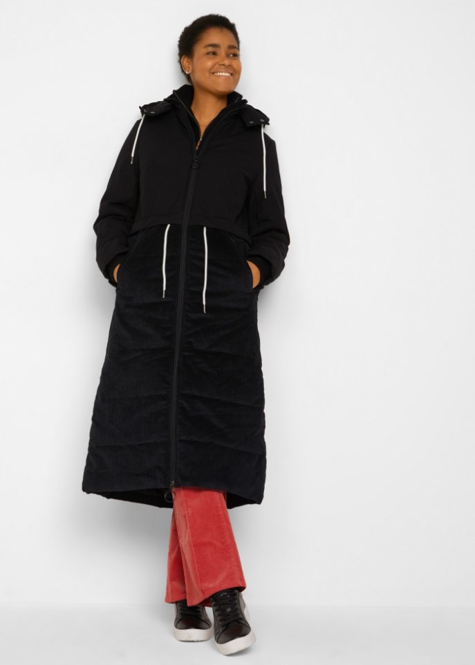 Langer Wintermantel mit Cord und Tunnelzug