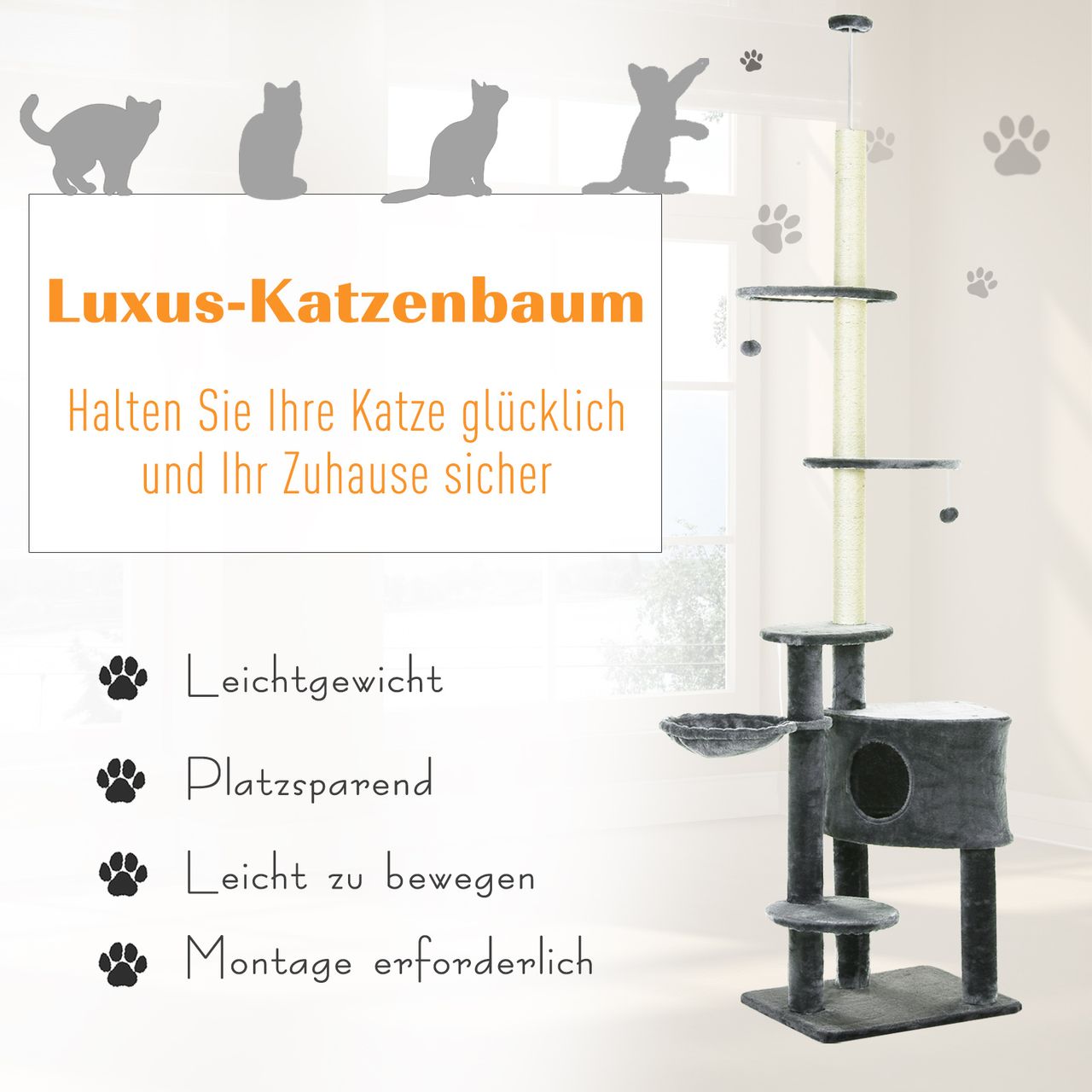 PawHut Kratzbaum mit Sisalsäulen, Katzenkratzbaum, Katzen Kletterbaum, Dunkelgrau, 55 x 45 x 220-265cm