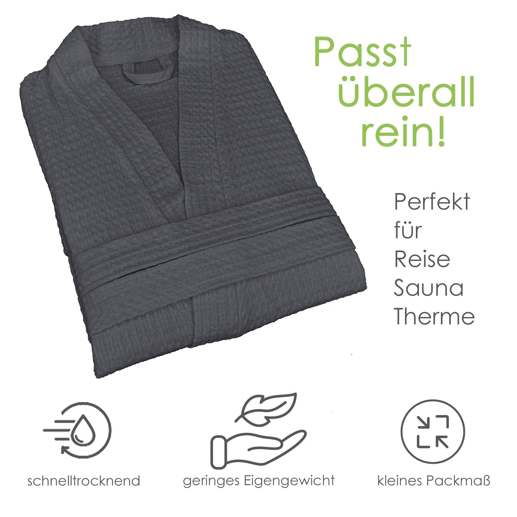heimtexland Bademantel Reisebademantel Saunamantel Waffelpique Bademantel, Midilänge, 2 Taschen I Bindegürtel, leicht I atmungsaktiv I schadstoffgeprüft I kleines Packmaß