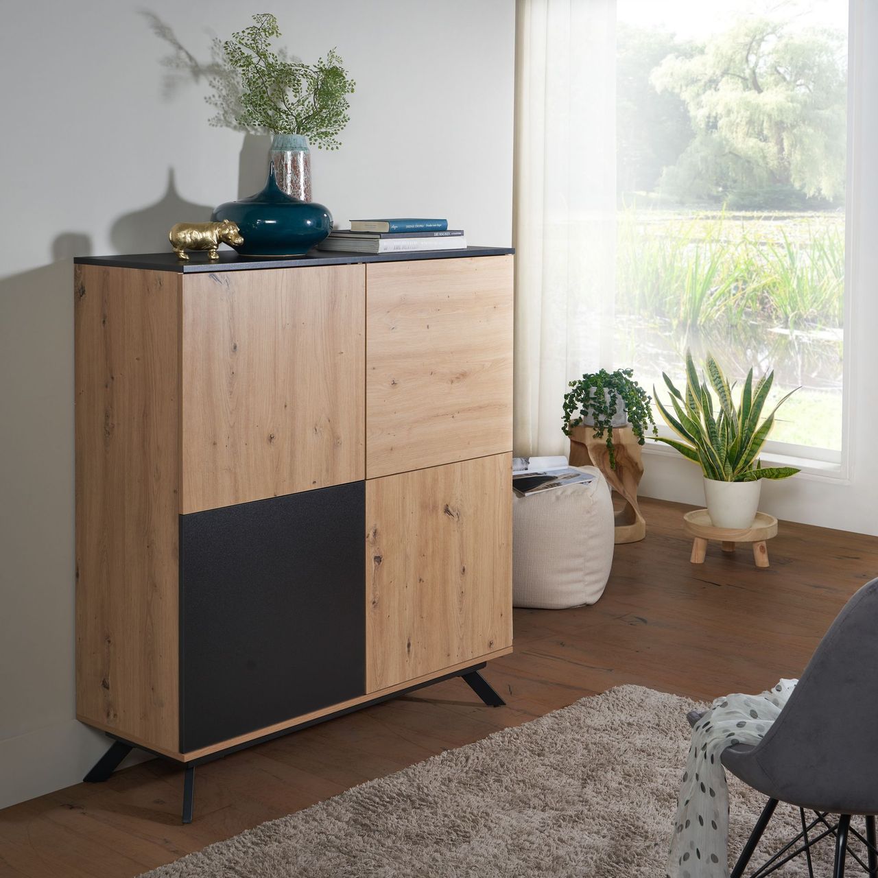 Skyport WOHNLING Highboard 110x125x40 cm MDF Sideboard Eiche Dekor Kommode Anrichte