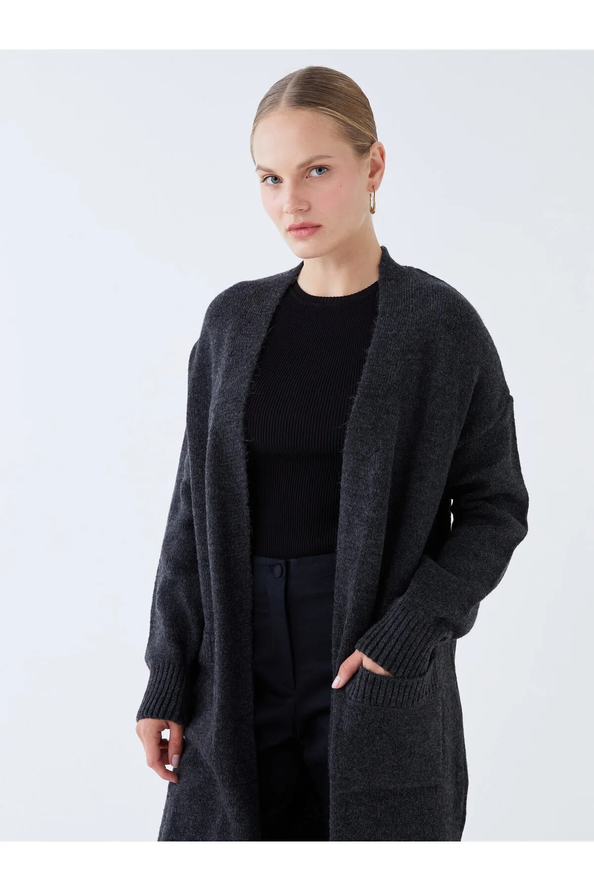 LC Waikiki  Einfarbiger, langärmliger Damen-Strick-Cardigan mit Schalkragen