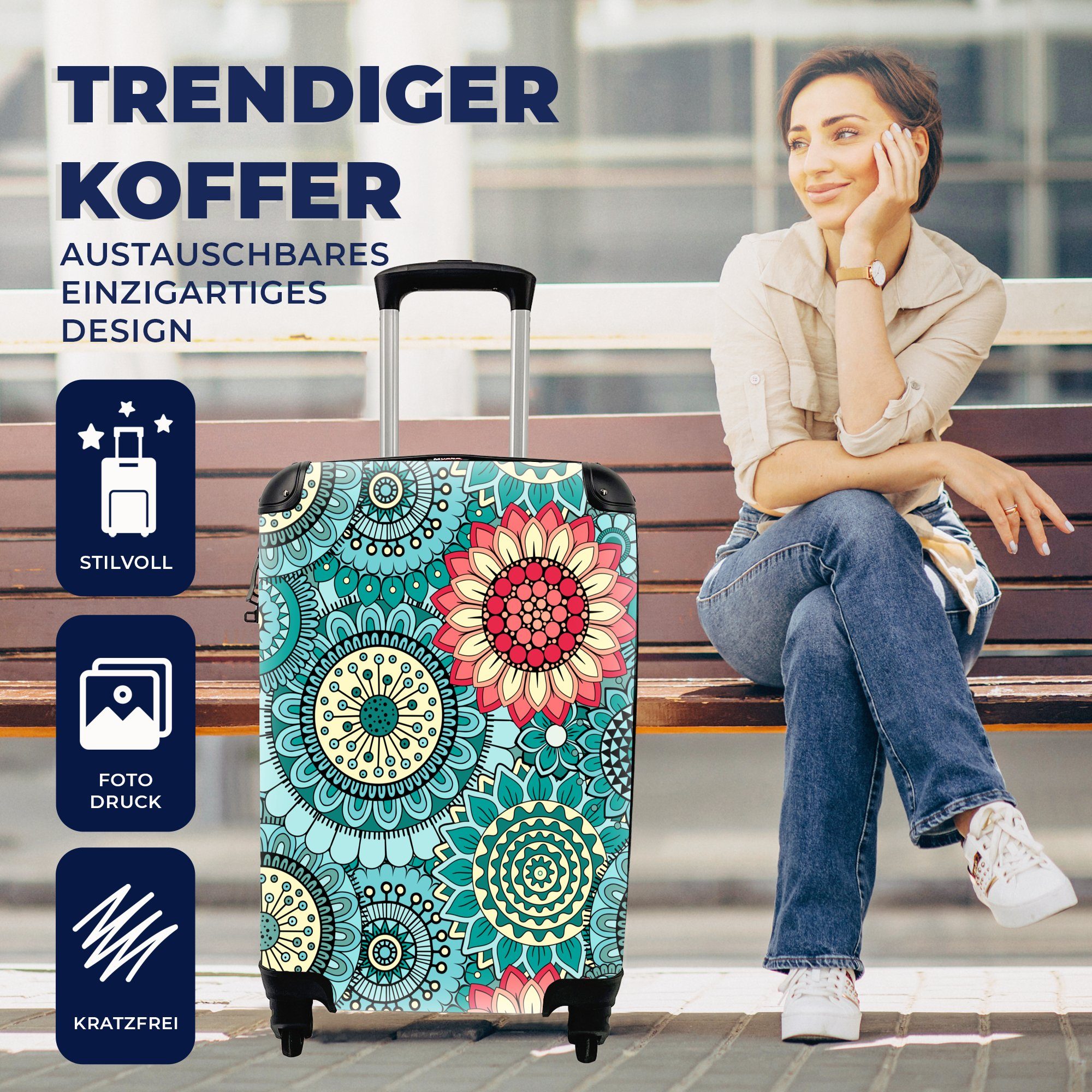 MuchoWow Handgepäckkoffer Mädchen - Blumen - Muster - Mädchen - Kinder - Kinder, 4 Rollen, Reisetasche mit rollen, Handgepäck für Ferien, Trolley, Reisekoffer