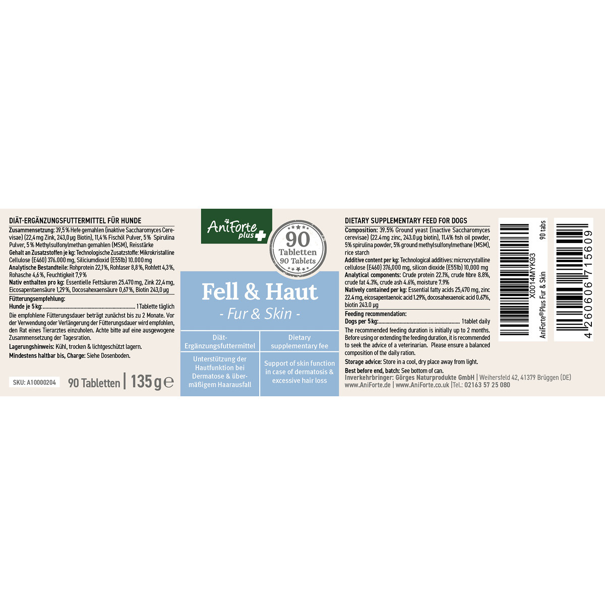 Aniforte Ergänzungsfutter & Aufzucht Aniforte Plus Fell & Haut 90 Tabletten