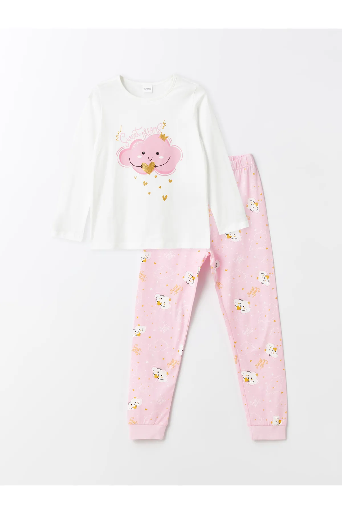 LC Waikiki  Bedrucktes Langarm-Pyjama-Set für Mädchen mit Rundhalsausschnitt
