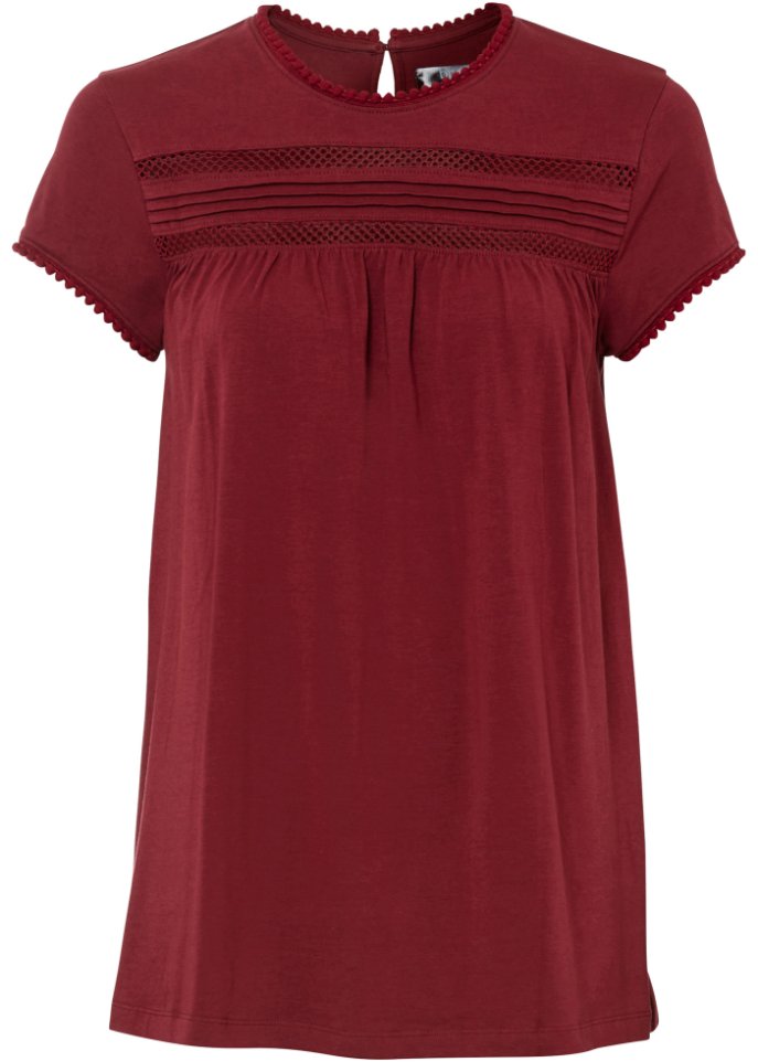Baumwoll-Shirt mit Spitze in A-Line, kurzarm