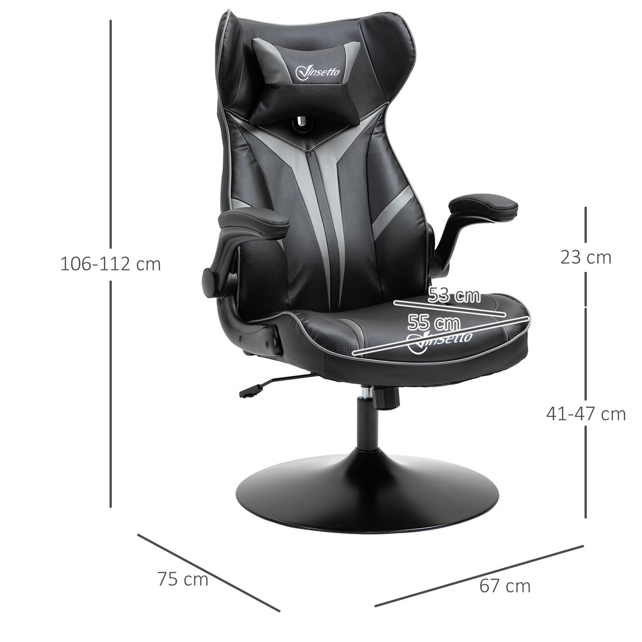 Vinsetto Gaming Stuhl Ergonomischer Computerstuhl mit Wippenfunktion Drehstuhl höhenverstellbar Stahl Schwarz Grau 67 x 75 x 106-112 cm