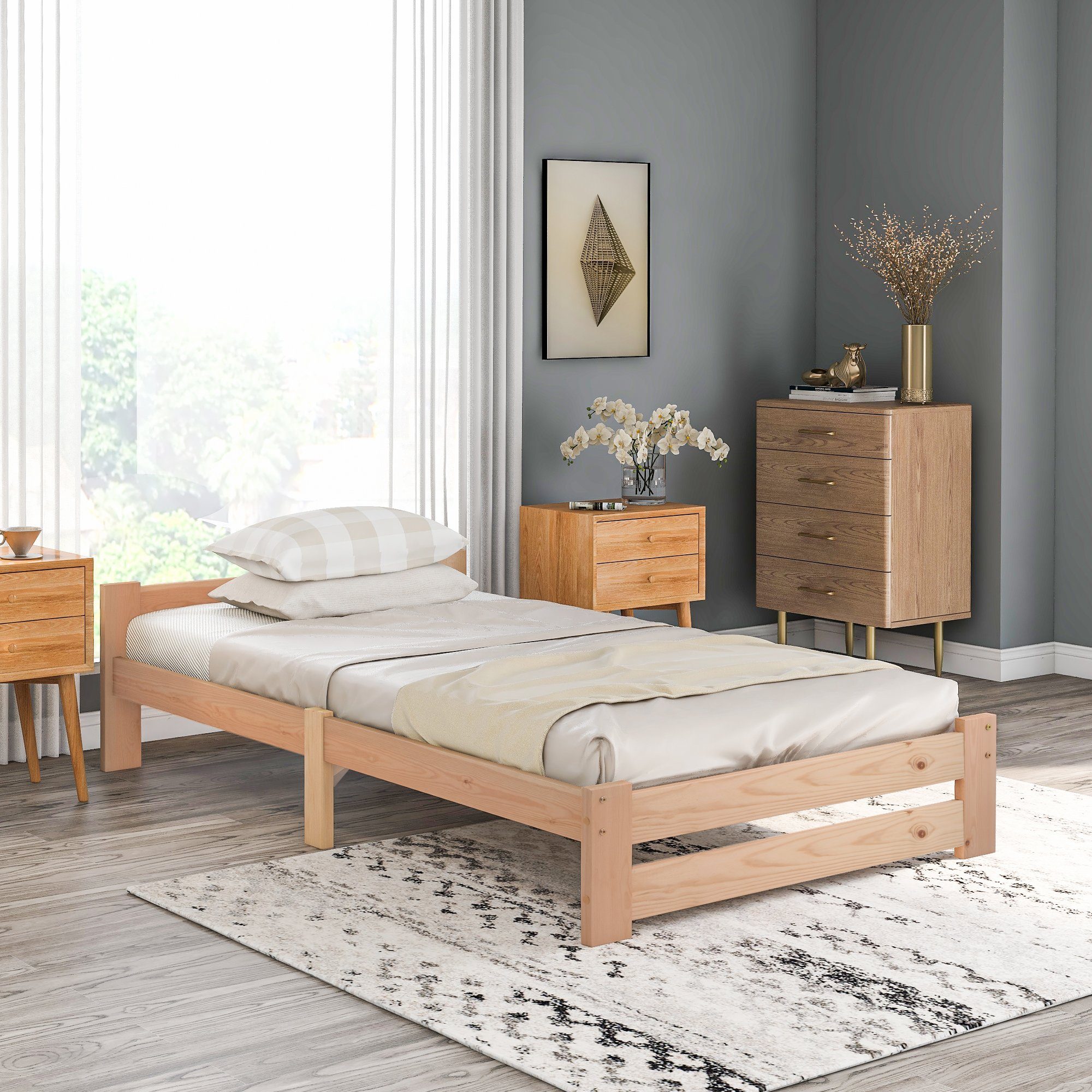 OKWISH Massivholzbett Natur Bett, Futonbett, Massivholzbett Einzelbett Kinderbett Gästebett (mit Kopfteil und Lattenrost, 200x90cm), Matratze nicht enthalten