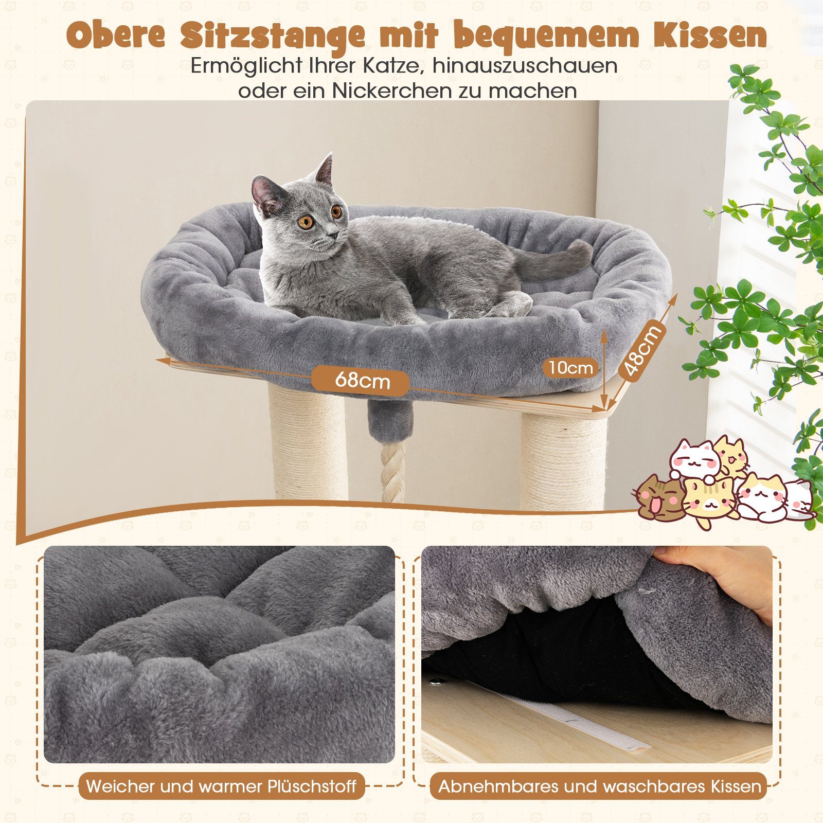 COSTWAY Kratzbaum Katzenbaum, 173cm deckenhoch, mit 3 Katzenhöhle
