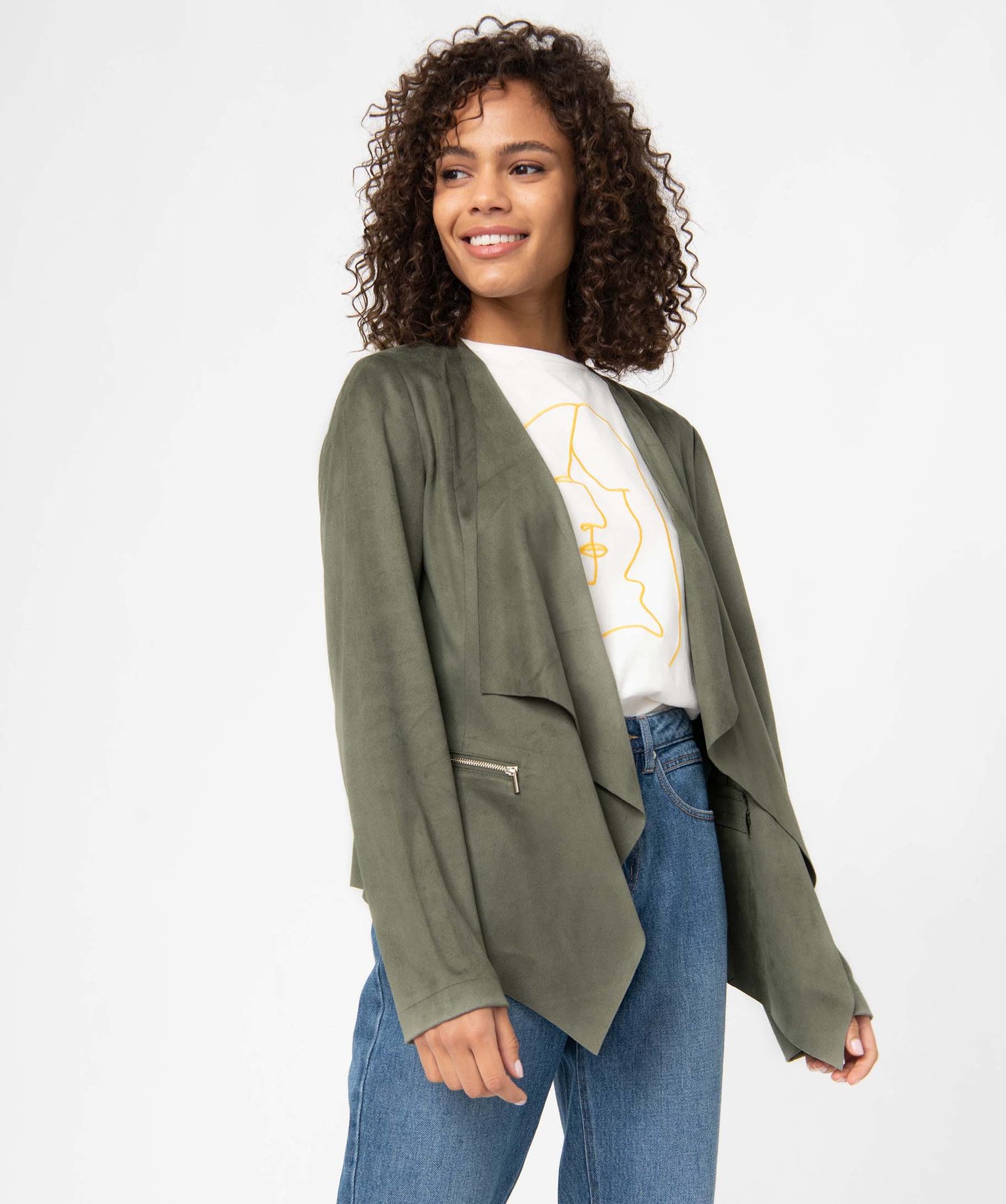 Veste femme en suédine coupe asymétrique kaki | GEMO