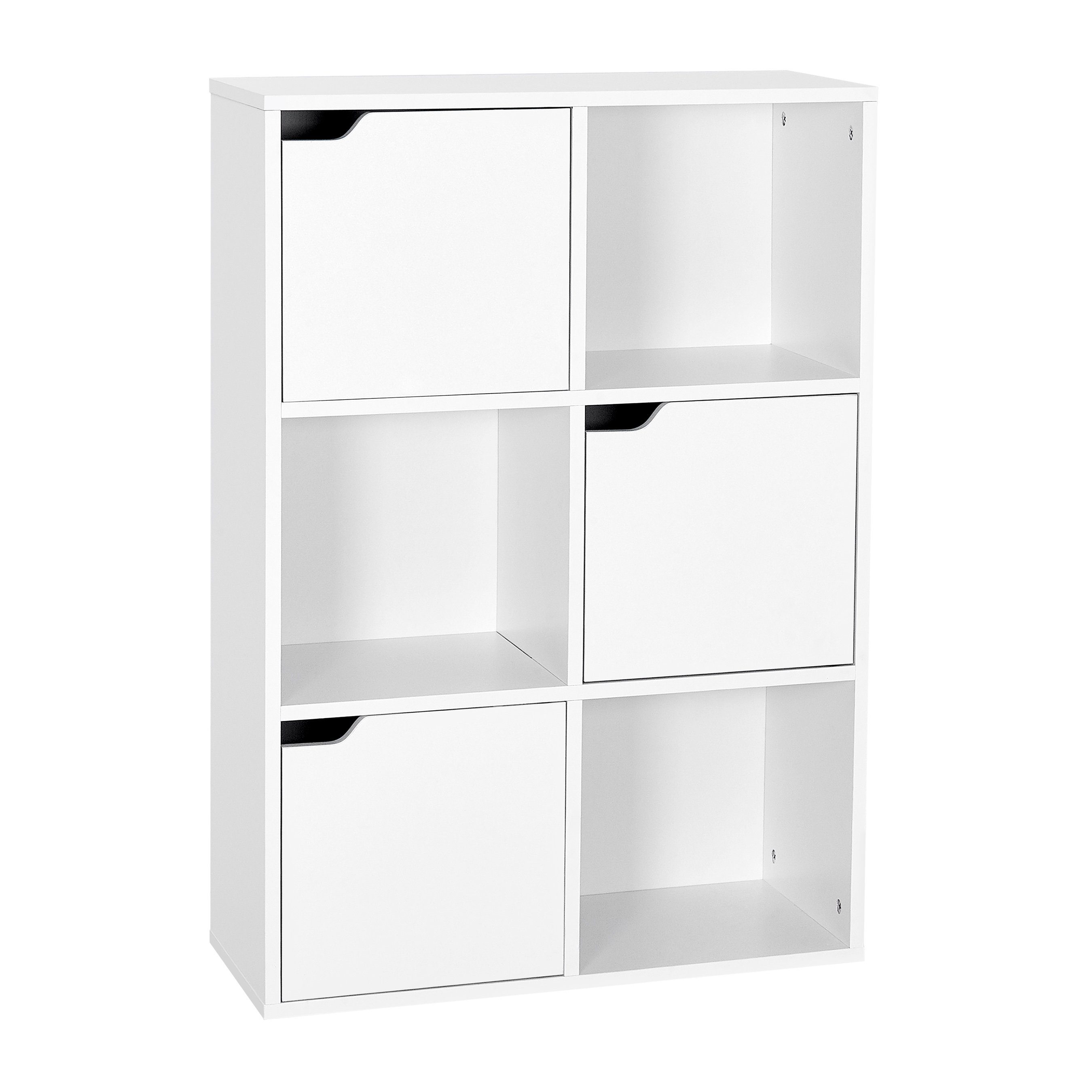 Mondeer Bücherregal Aufbewahrungsregal, Bücherschrank, Regal aus Holz, Sechs Fächer mit 3 Türen