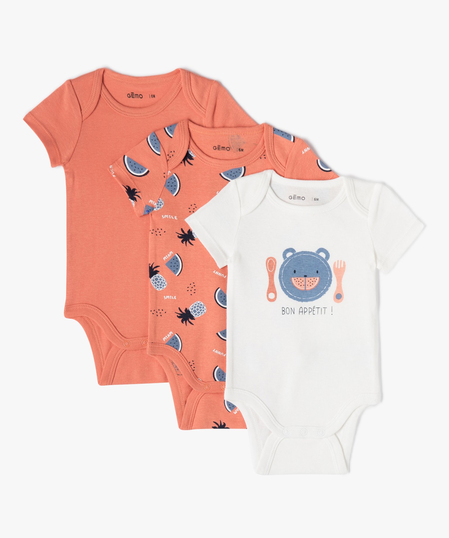 Body bébé manches courtes à col US motif fruits (lot de 3) orange | GEMO