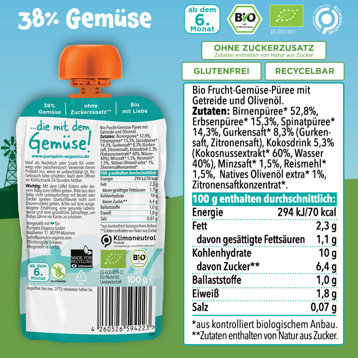 Quetschie Birne, Erbsen, Spinat, Gurke, Kokos & Reis, ab 6 Monaten, 100 g