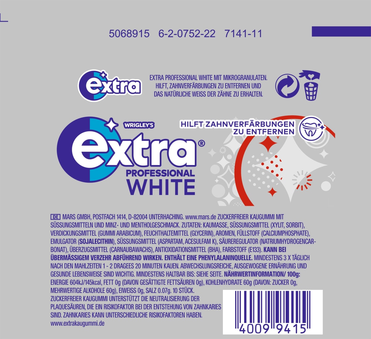 Kaugummi Extra Professional White, zuckerfrei, 10 St