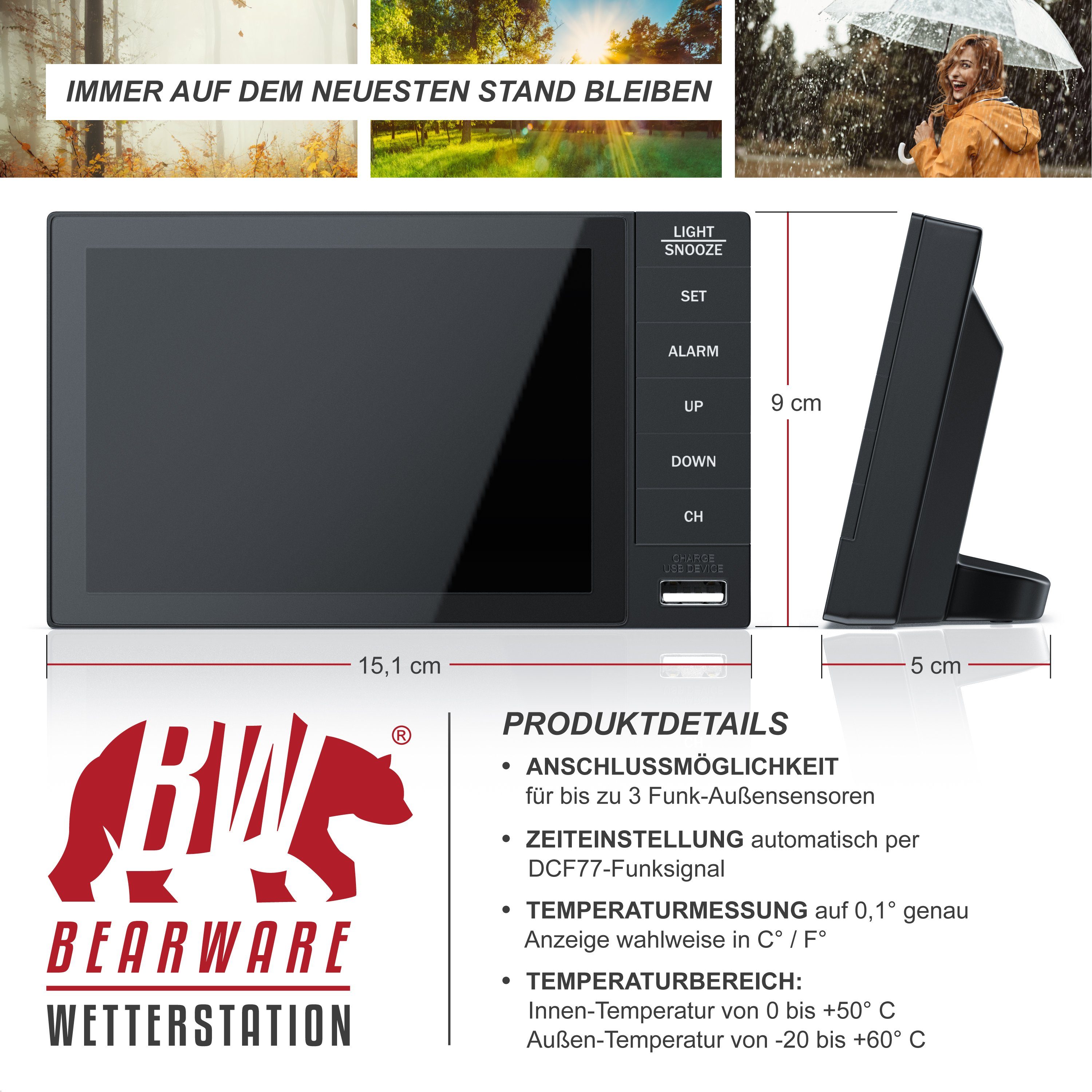 BEARWARE Wetterstation (mit Außensensor, Funk, Farbdisplay, Mondphasen, Luftfeuchtigkeit, Wettervorhersage usw)