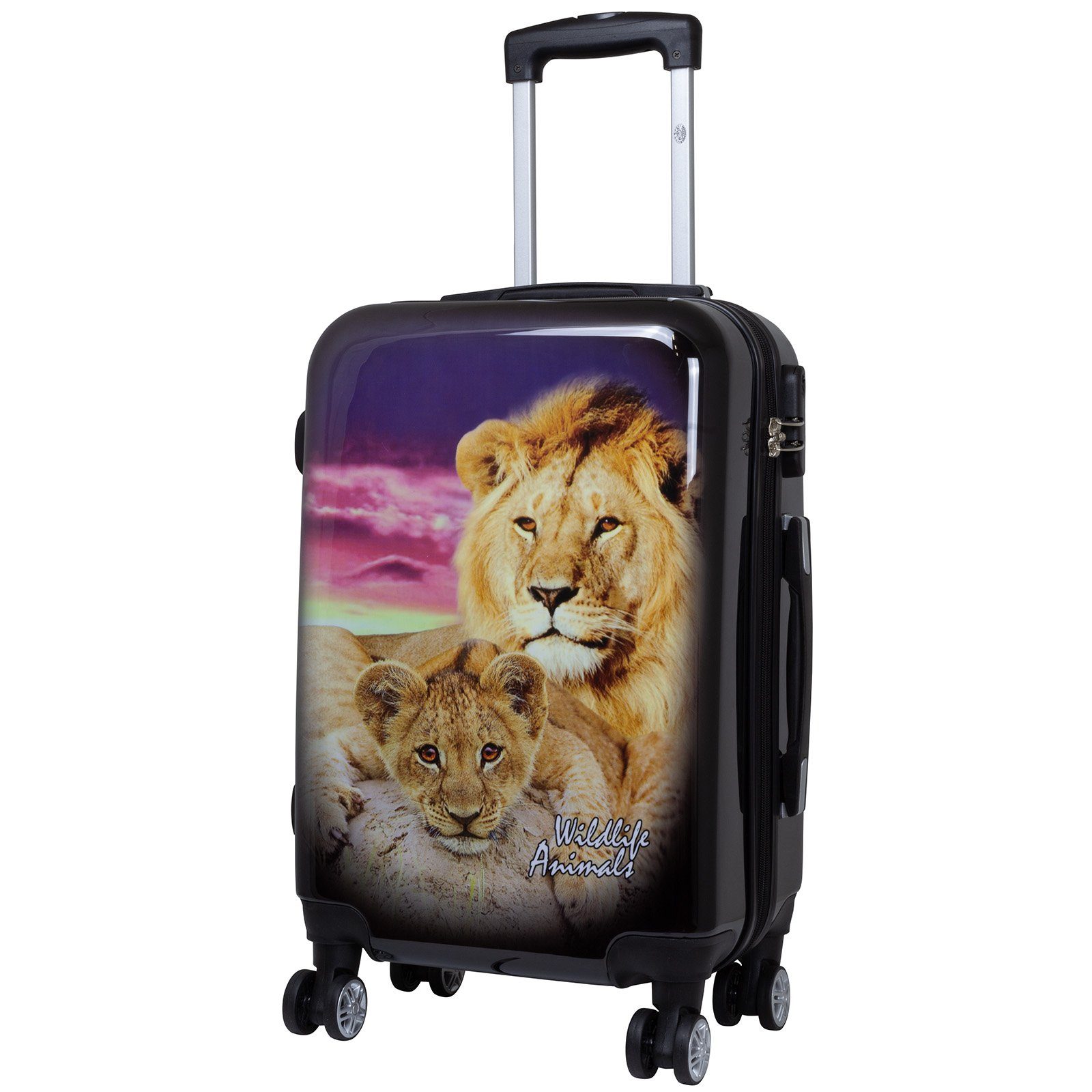 Trendyshop365 Hartschalen-Trolley Löwe, bunter Koffer mit Tier-Motiv, 3 Größen, 4 Rollen, Zahlenschloss, Polycarbonat, Dehnfalte