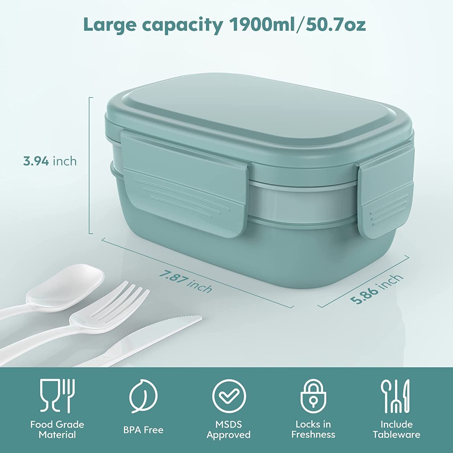 Hikeren Lunchbox 1900 ml 3-lagige Butterbrotdose mit Fächern,Gabel,Löffel,Versiegelt