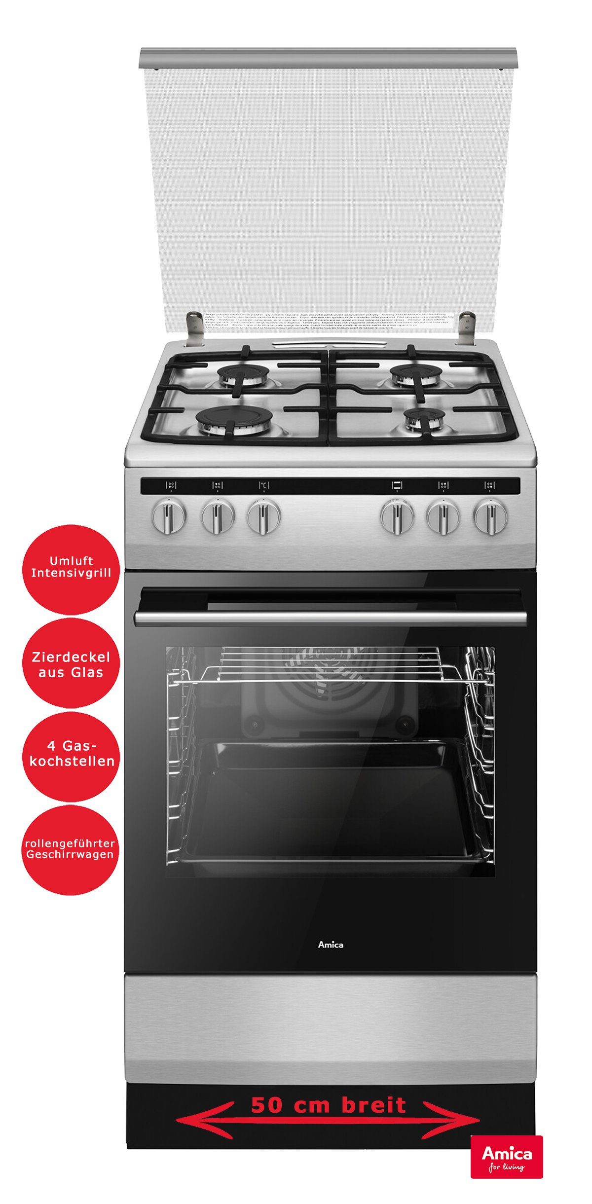 Amica Gas-Standherd Standherd Elektro 50 cm Gaskochfeld Backofen Umluft Zierdeckel Erdgas