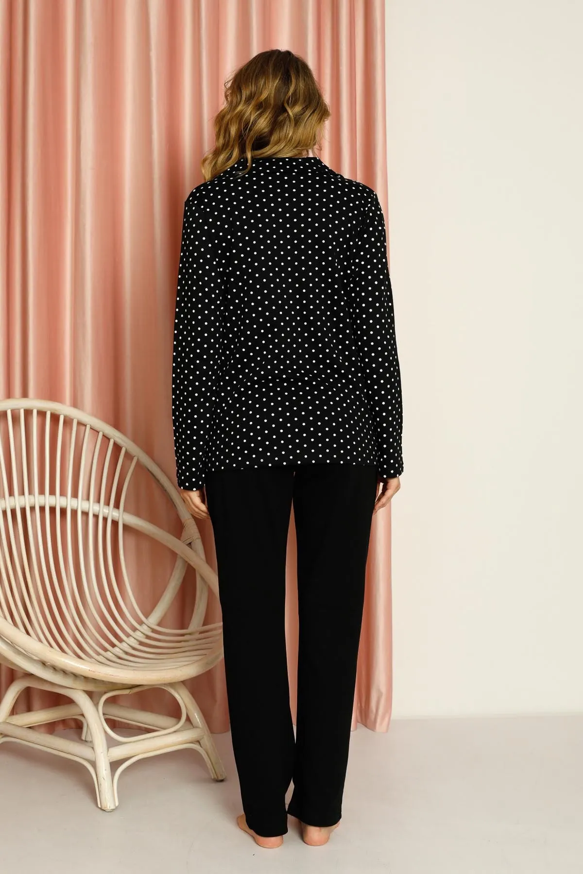AHENGİM  Pyjama-Set für Damen, Interlock, gepunktet, durchgehend geknöpft, Baumwolle, saisonal, W20512278
