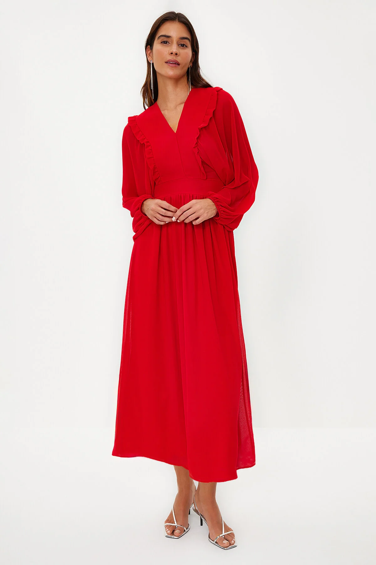 Trendyol Modest  Rotes, minimal gemustertes, mit Chiffon gefüttertes Webkleid TCTSS24EB00035