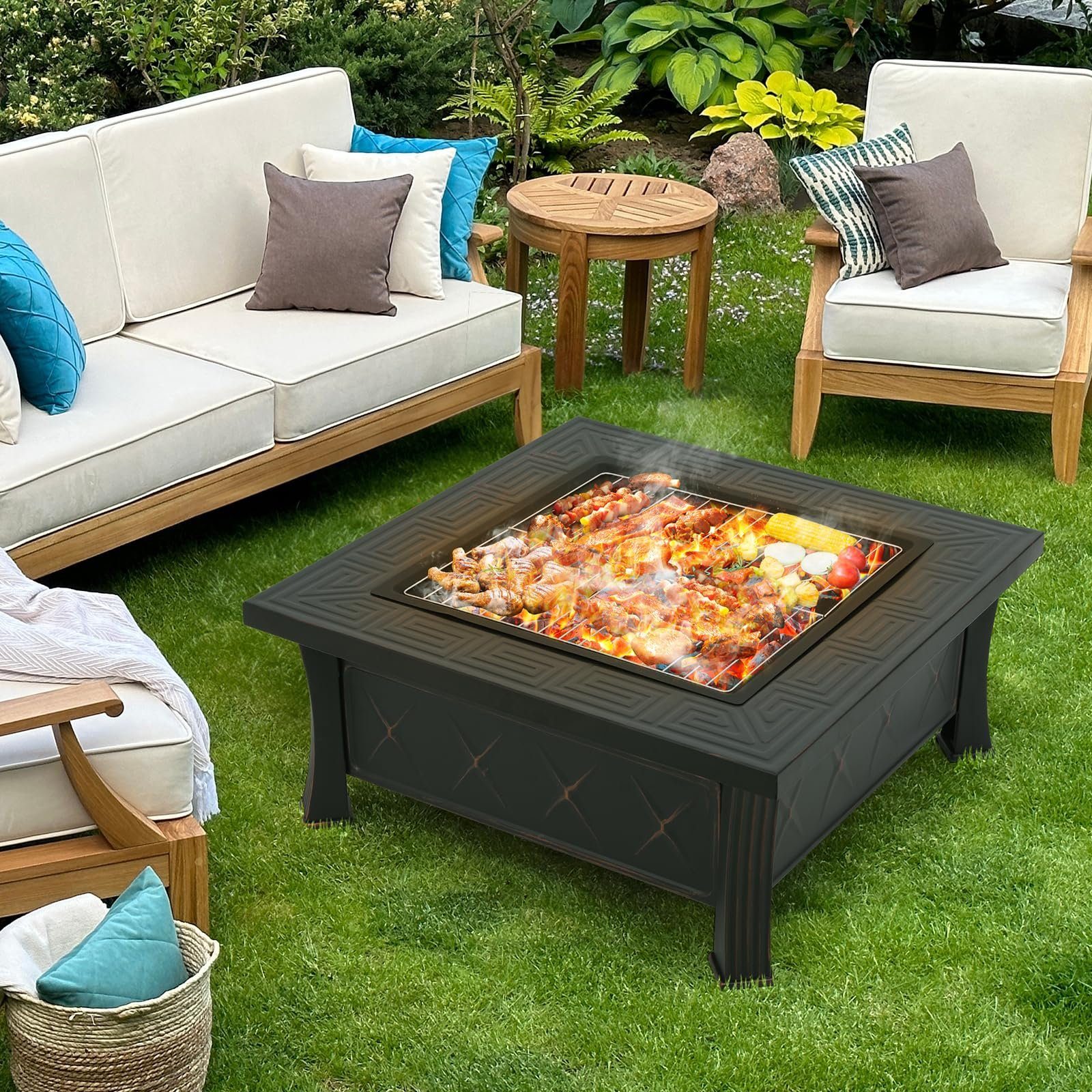 TLGREEN Feuerschale, 81x81 cm Feuerkorb mit Grillrost, Heizung & Grillen