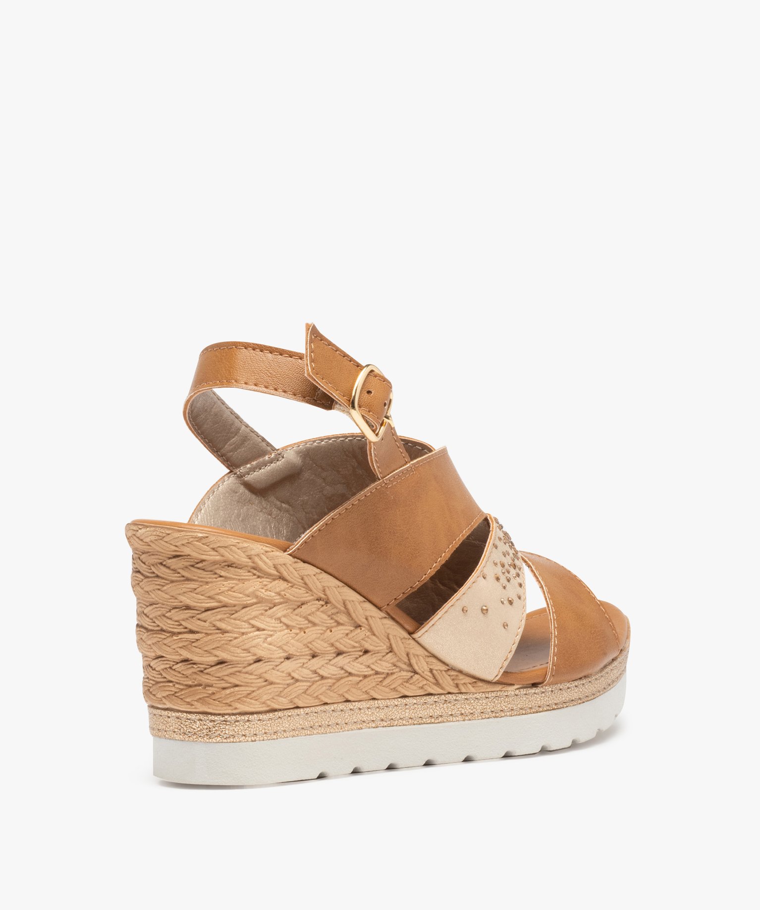 Sandales femme compensées bride métallisée à strass camel | GEMO
